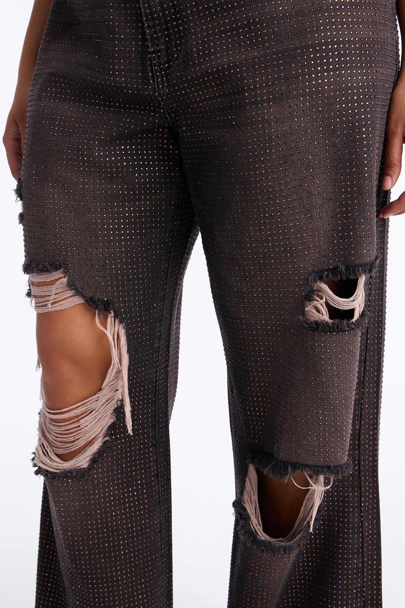 Show Off Rhinestone Embellished Ripped Wide Leg Jeans - Brown