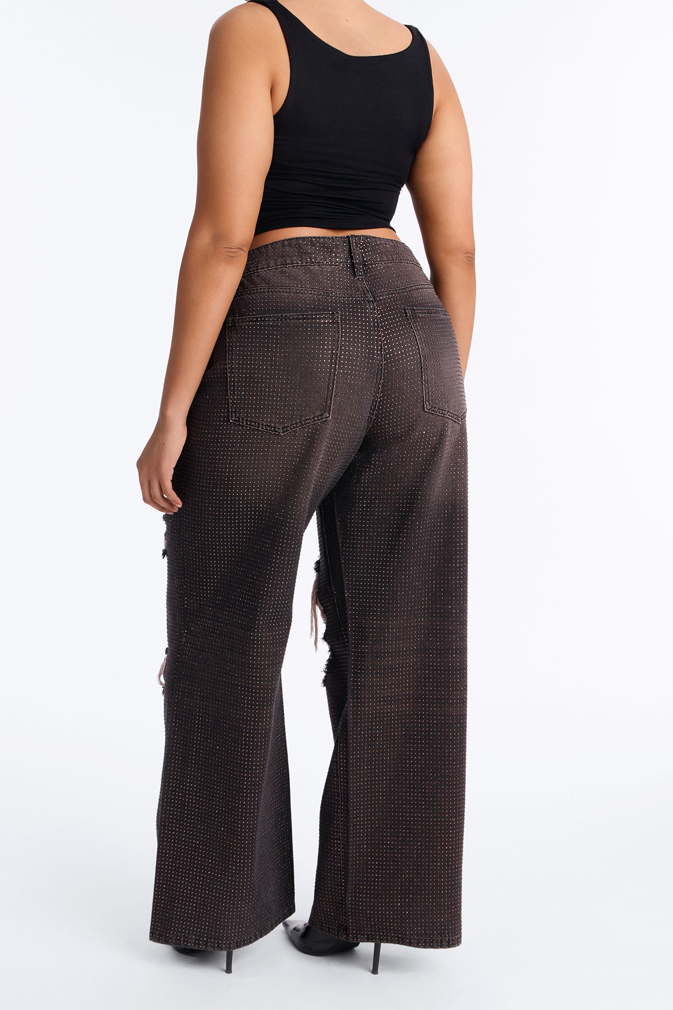 Show Off Rhinestone Embellished Ripped Wide Leg Jeans - Brown