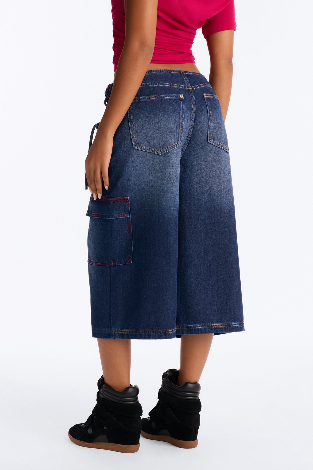 Left Unsaid Cargo Lace Up Overlay Culotte Jeans - Dark Wash