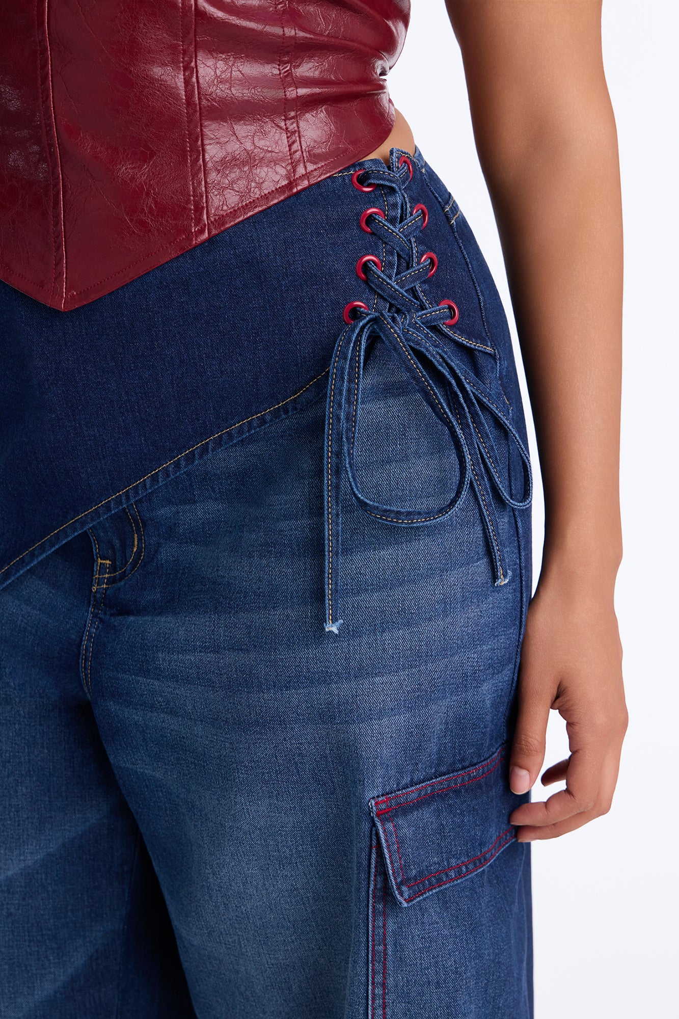 Left Unsaid Cargo Lace Up Overlay Culotte Jeans - Dark Wash