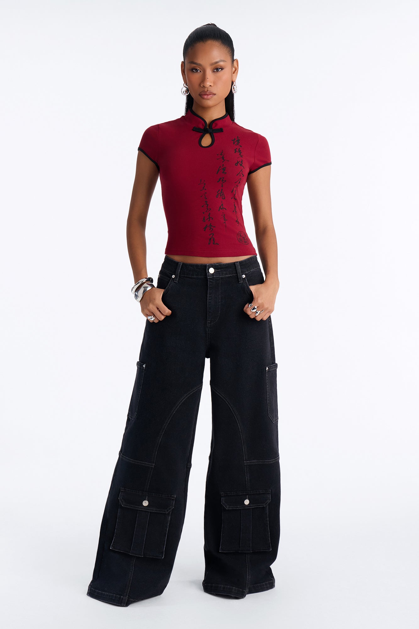 Hayley High Rise Stretch Cargo Wide Leg Jeans - Black