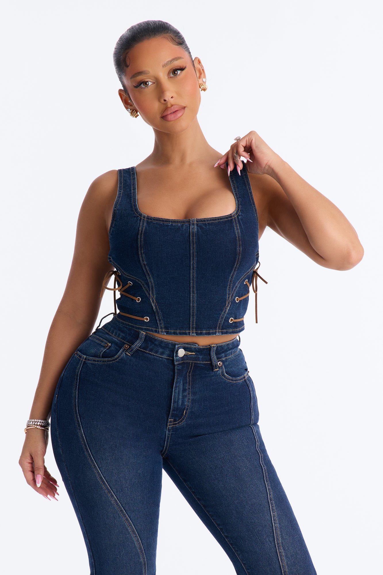 Gracie Lace Up Denim Pant Set - Dark Wash