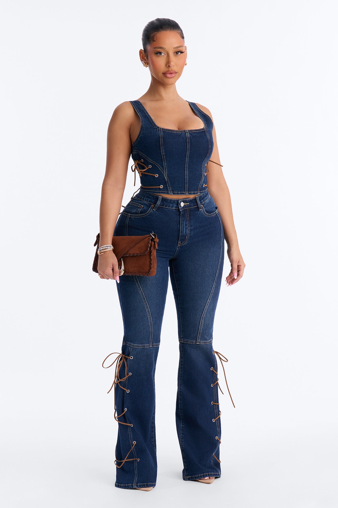 Gracie Lace Up Denim Pant Set - Dark Wash