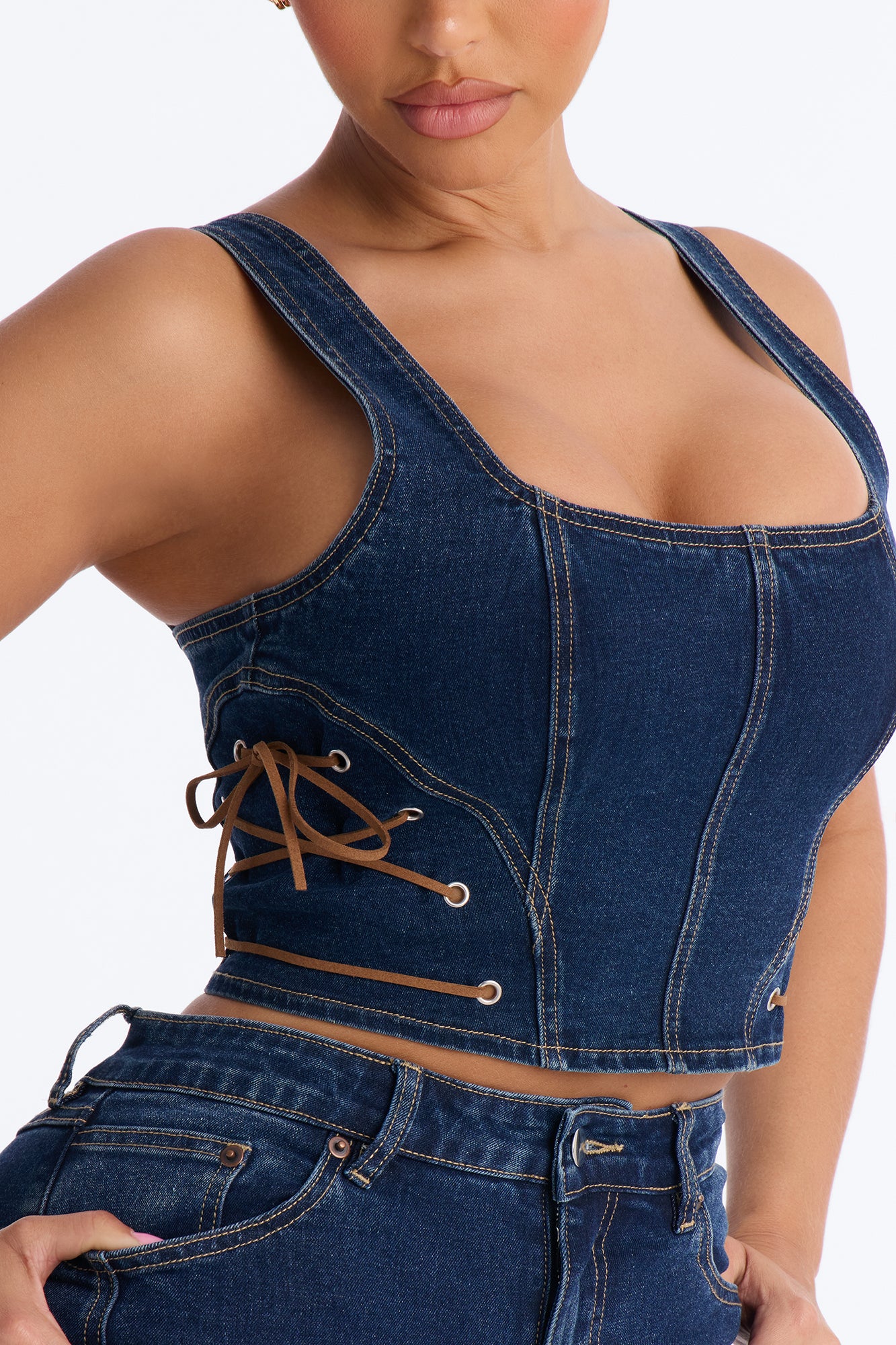 Gracie Lace Up Denim Pant Set - Dark Wash