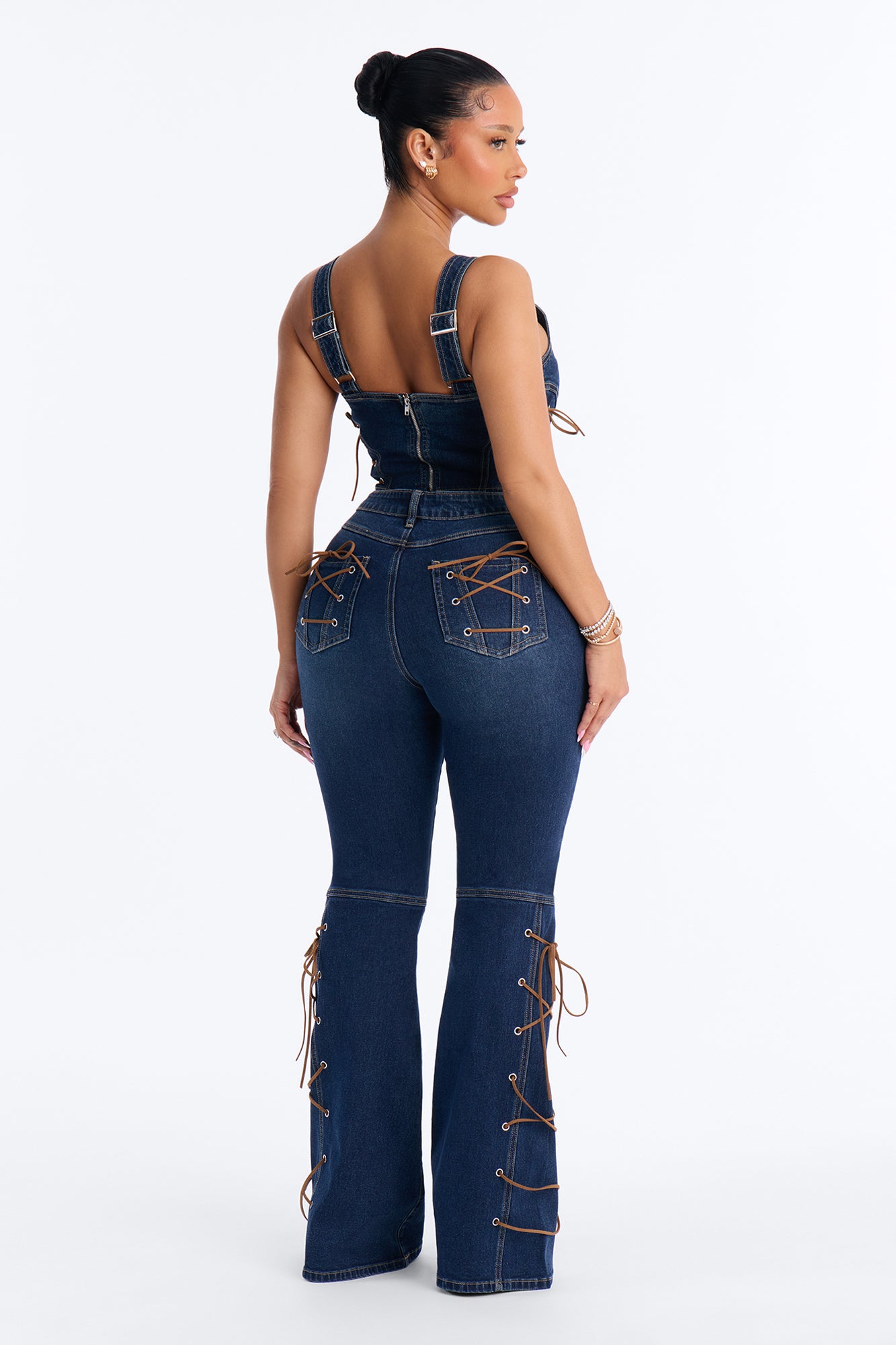 Gracie Lace Up Denim Pant Set - Dark Wash
