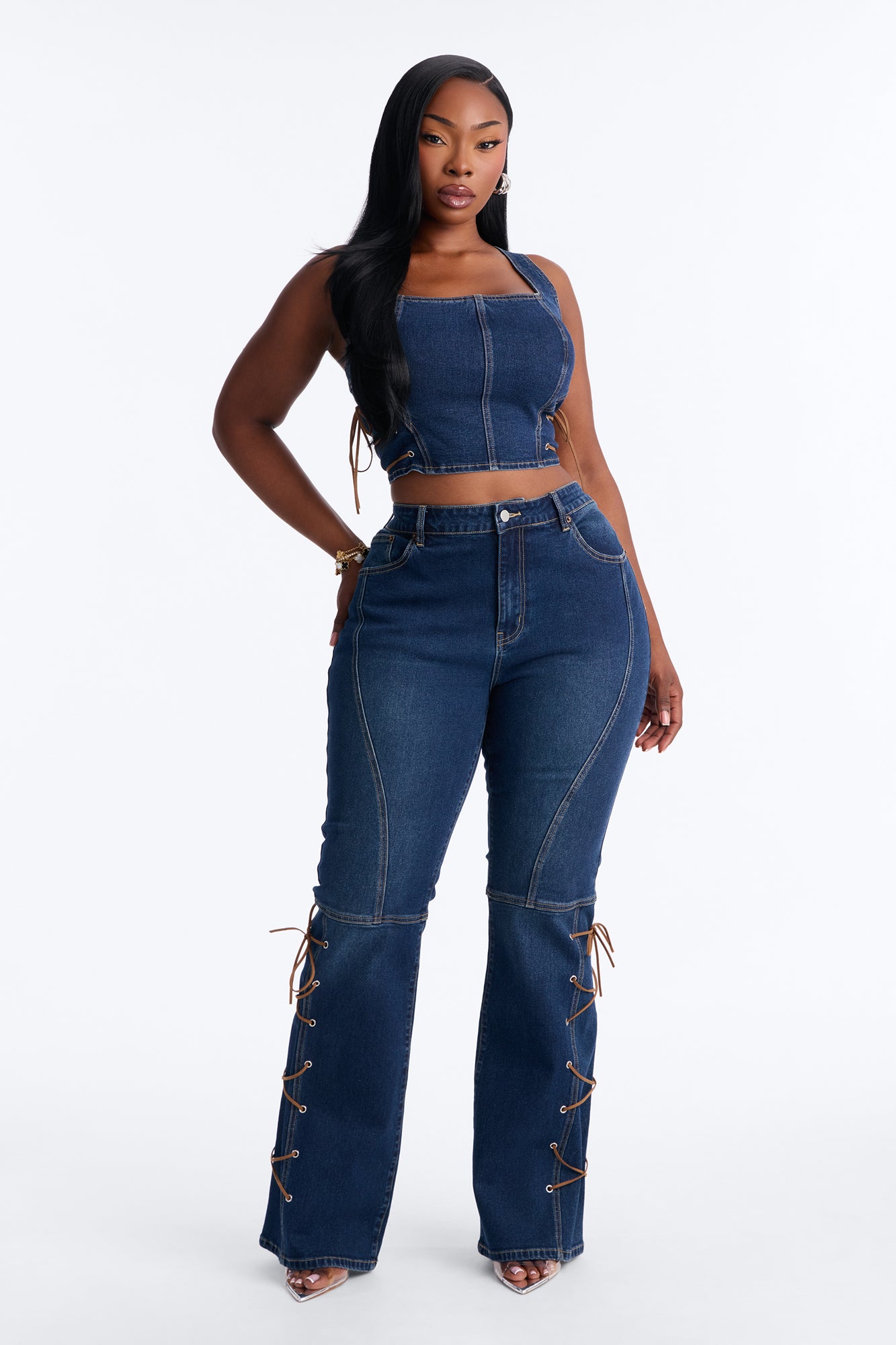 Gracie Lace Up Denim Pant Set - Dark Wash