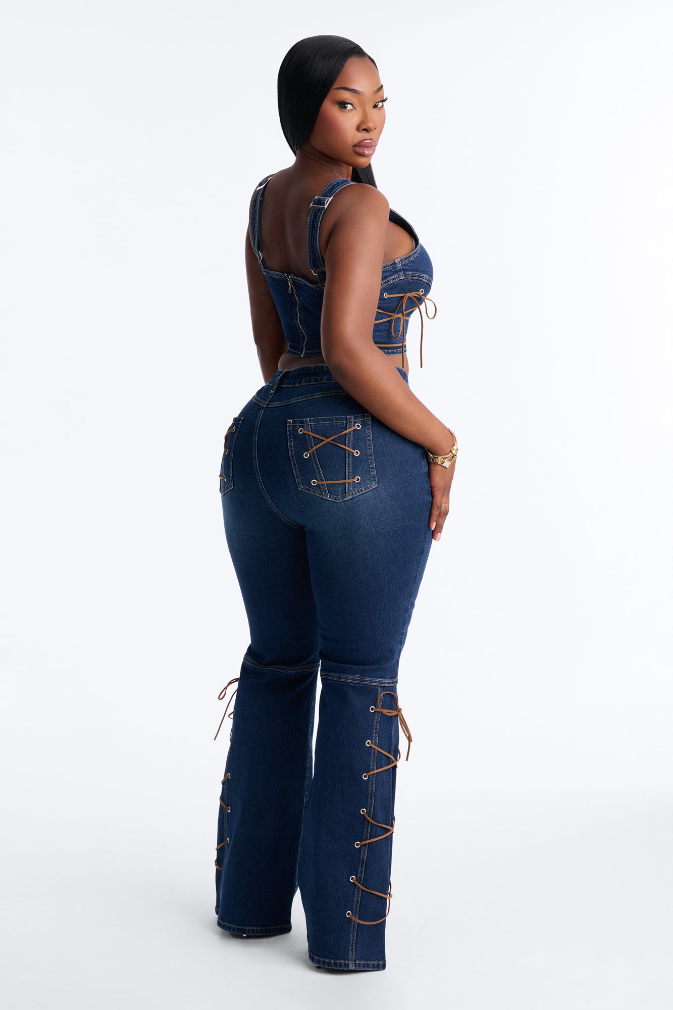Gracie Lace Up Denim Pant Set - Dark Wash