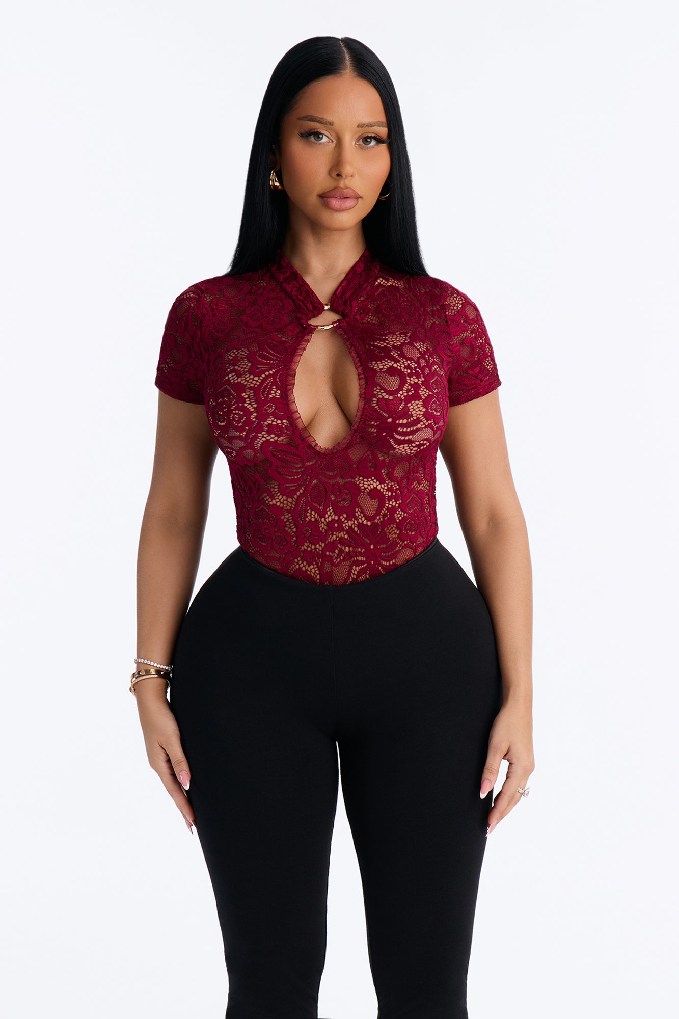Love Bomb Short Sleeve Lace Bodysuit - Burgundy