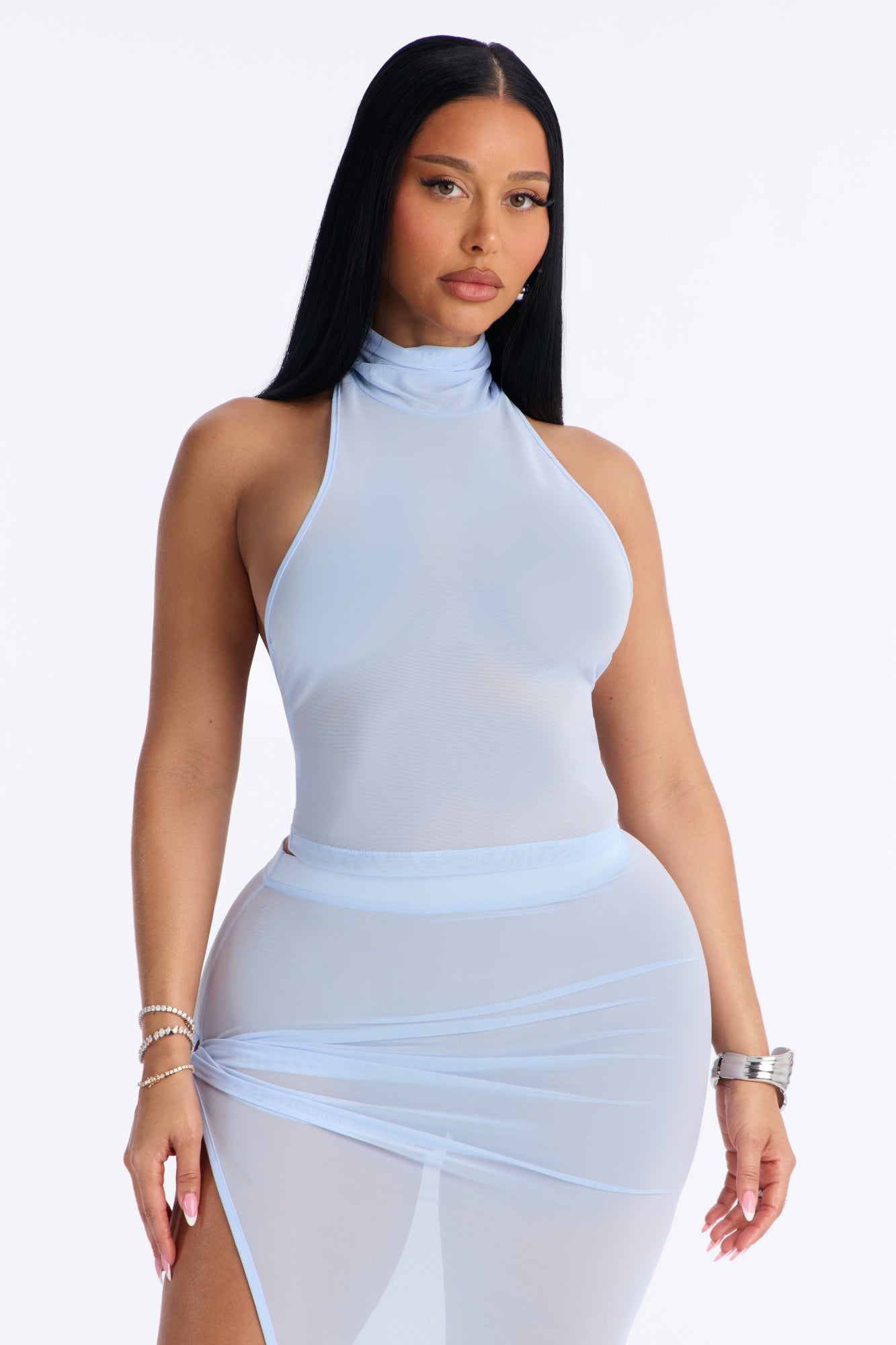 Power Mesh High Neck Thin Racerback Sleeveless Top - SkyBlue