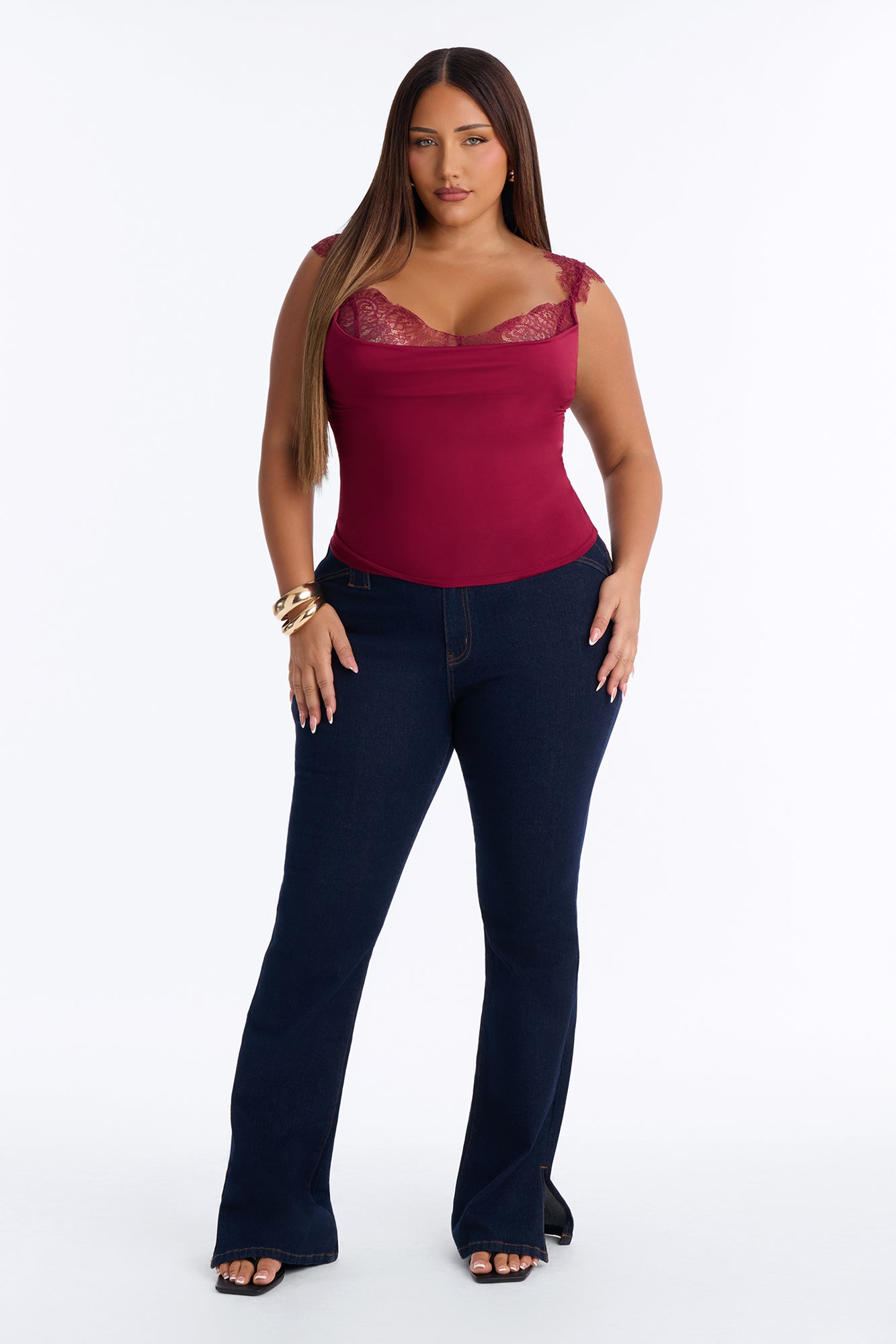 Janet Lace Trim Cowl Tank Top - Burgundy