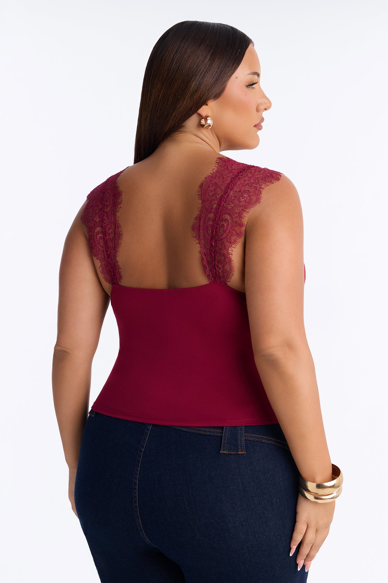Janet Lace Trim Cowl Tank Top - Burgundy