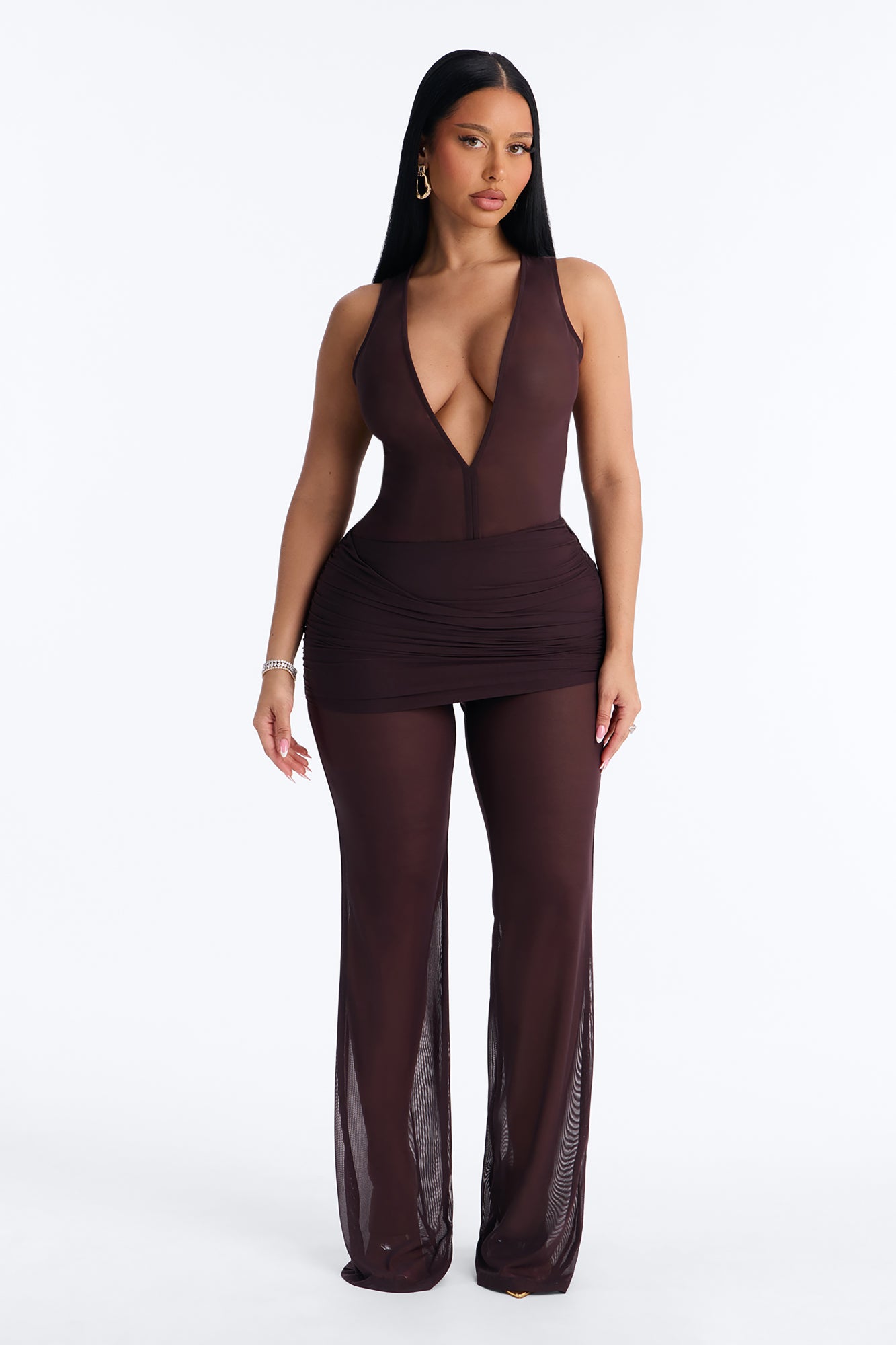 Power Mesh Foldover Ruched Flare Pant - Chocolate