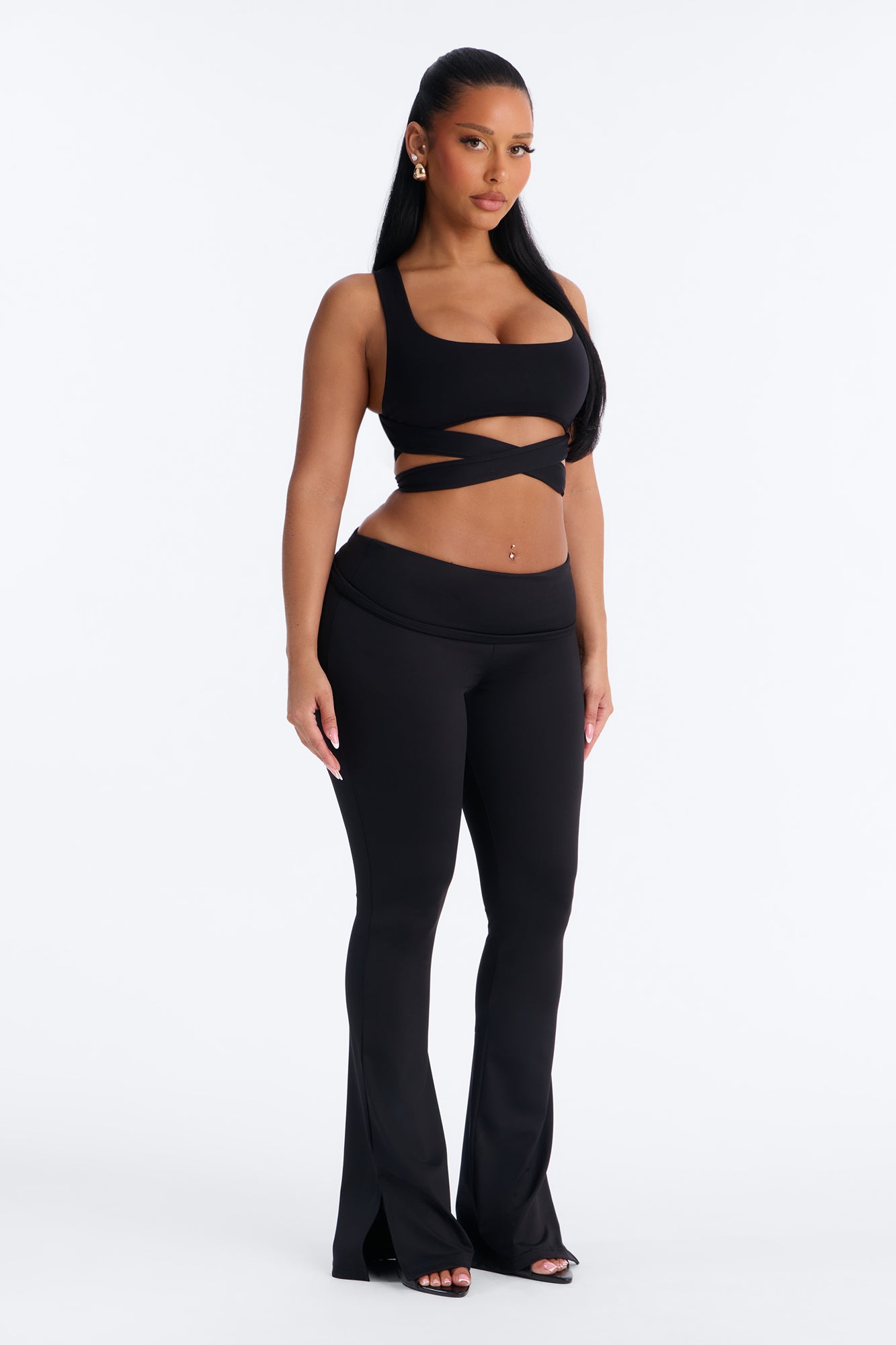 Contour Foldover Split Flare Legging - Black