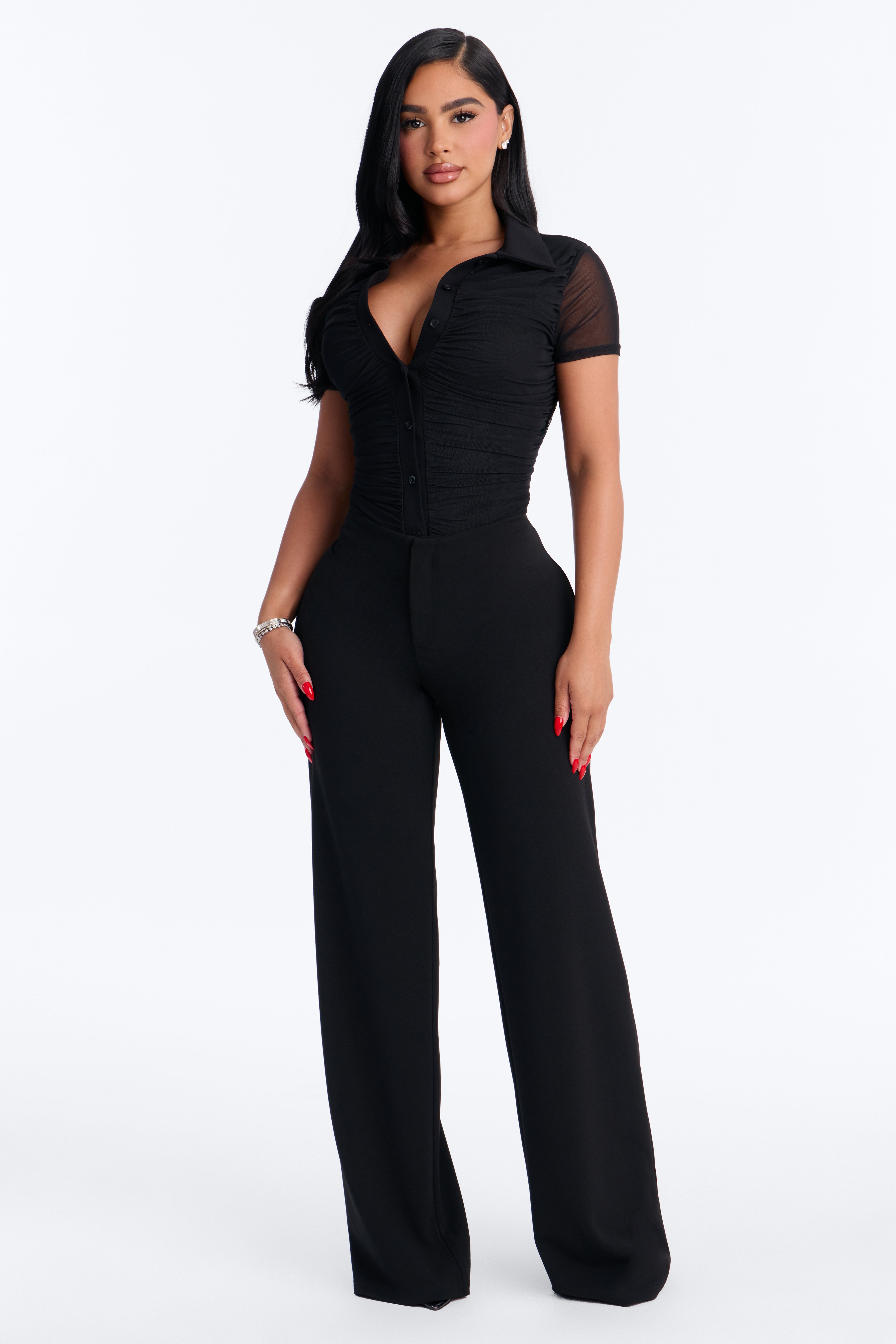Subliminal Ruched Mesh Short Sleeve Bodysuit - Black