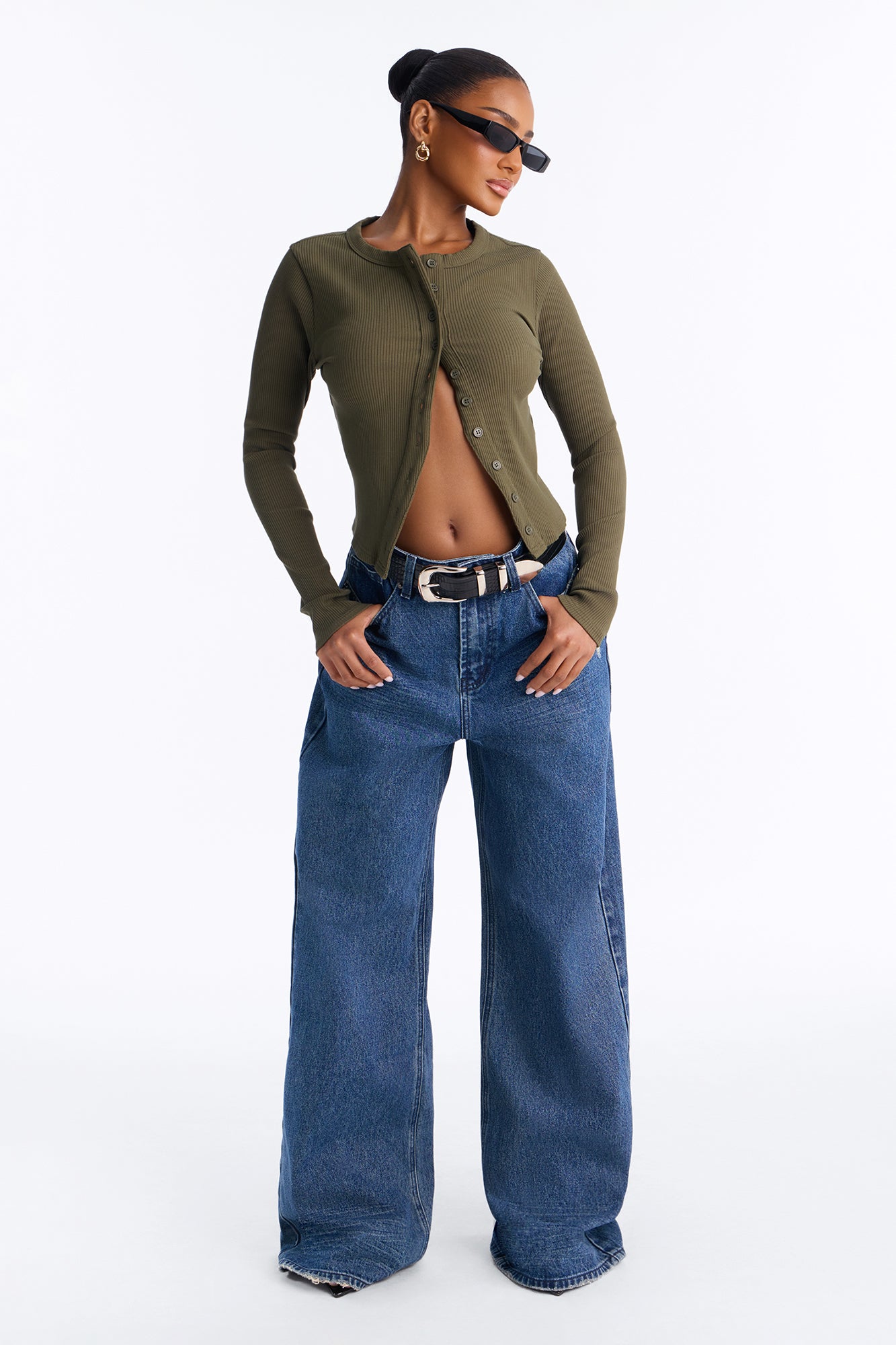 Amy Button Front Ribbed Long Sleeve Top - Olive