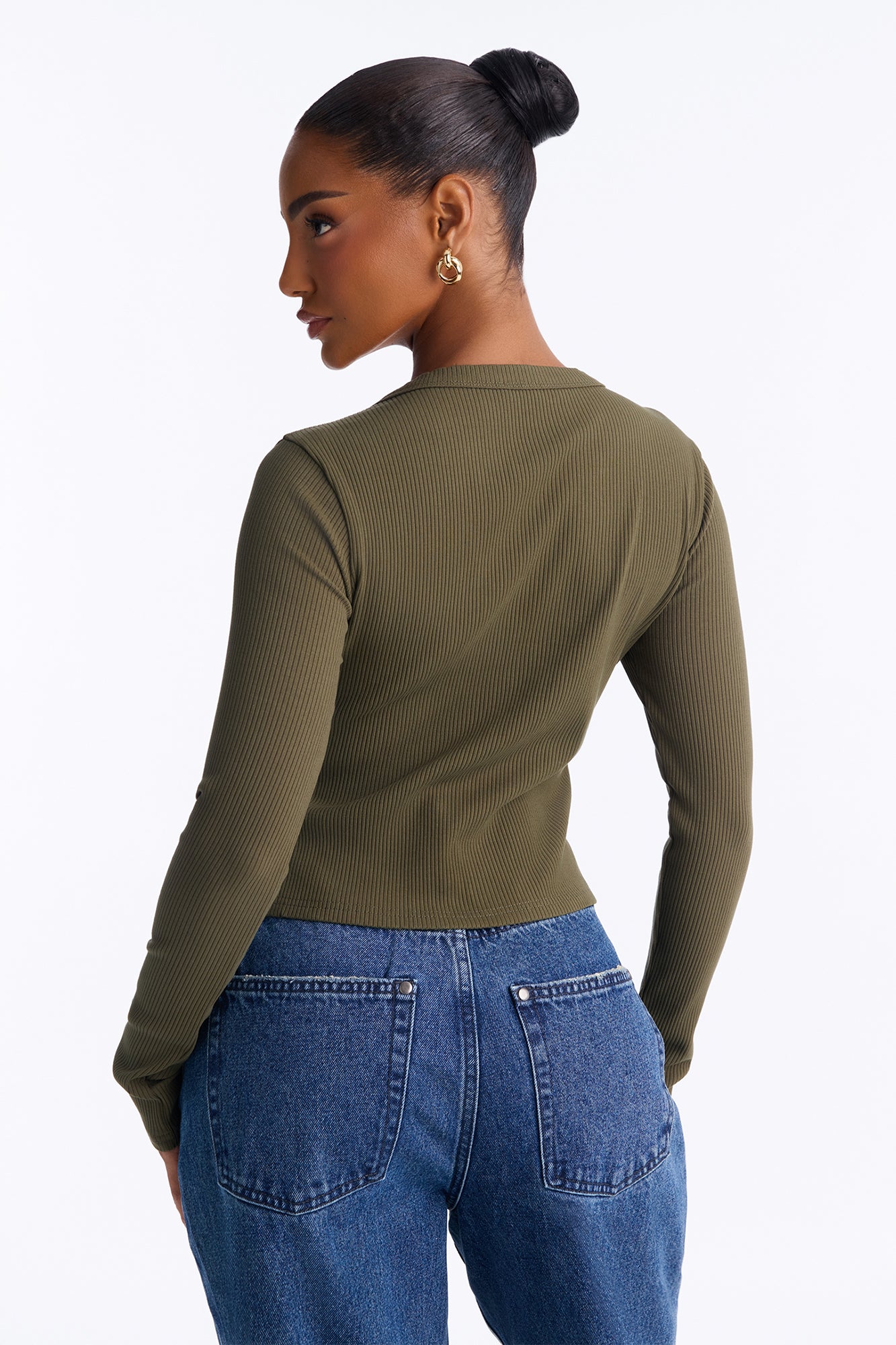 Amy Button Front Ribbed Long Sleeve Top - Olive