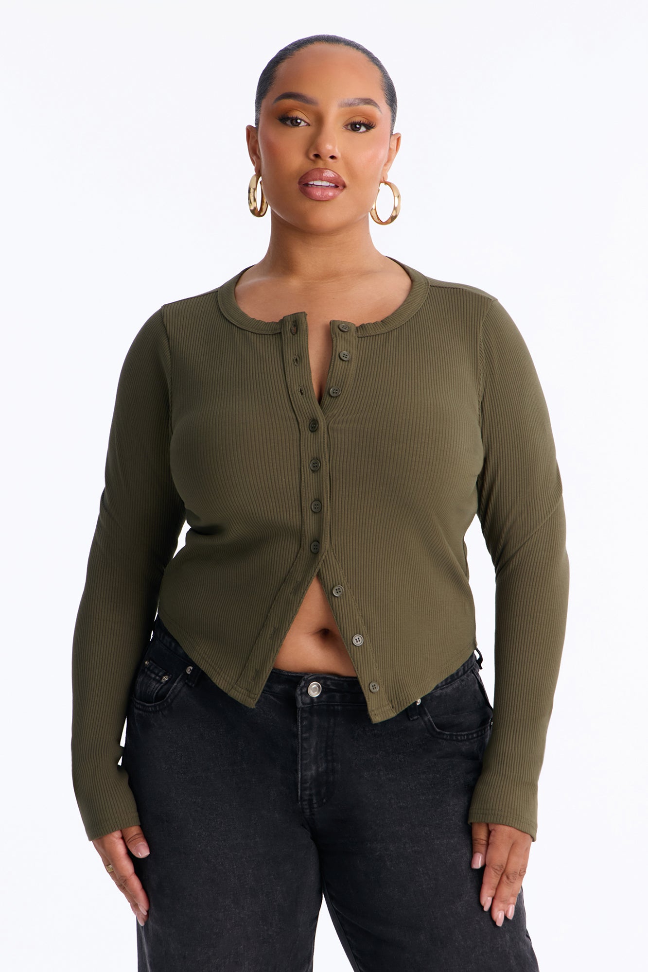 Amy Button Front Ribbed Long Sleeve Top - Olive