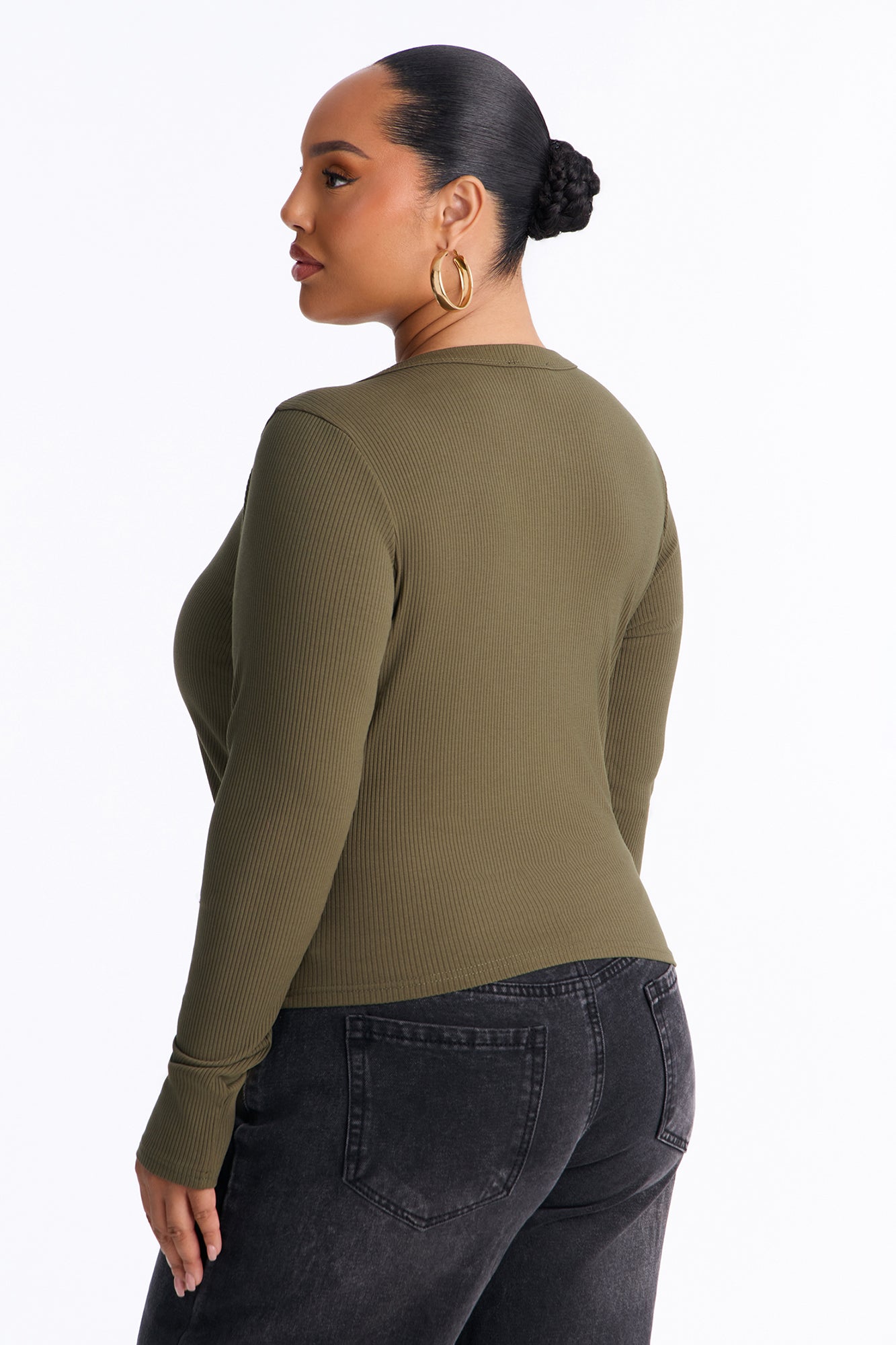 Amy Button Front Ribbed Long Sleeve Top - Olive