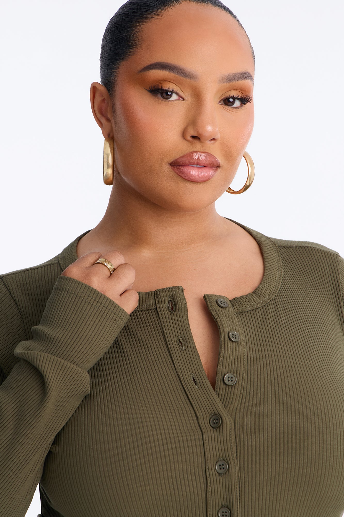 Amy Button Front Ribbed Long Sleeve Top - Olive