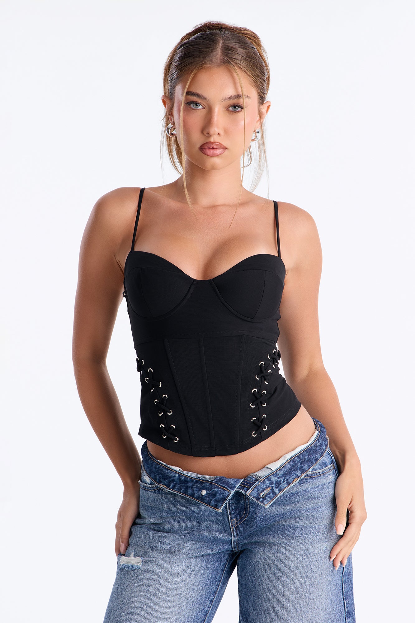 Soft Seduction Mesh Lace Up Corset Top - Black