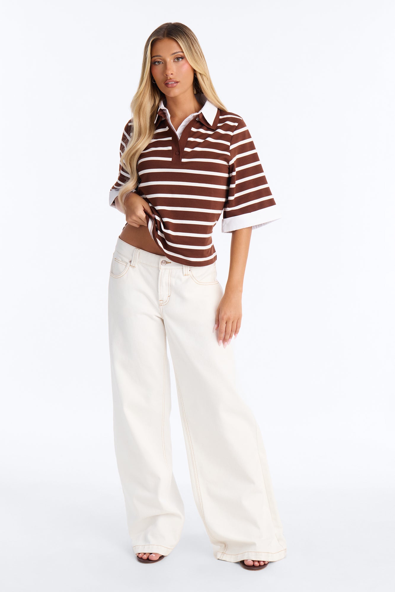 She's Cool Striped Short Sleeve Layered Polo Top - Brown/combo