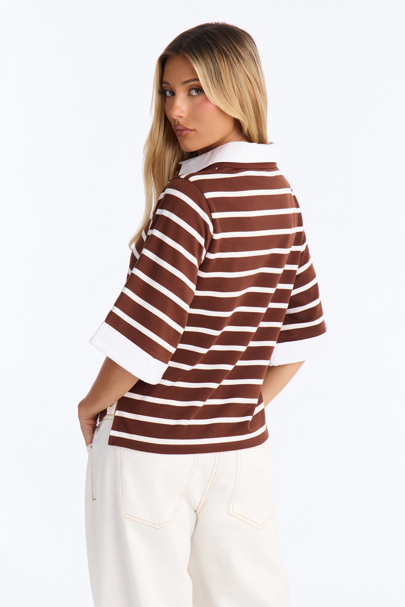 She's Cool Striped Short Sleeve Layered Polo Top - Brown/combo