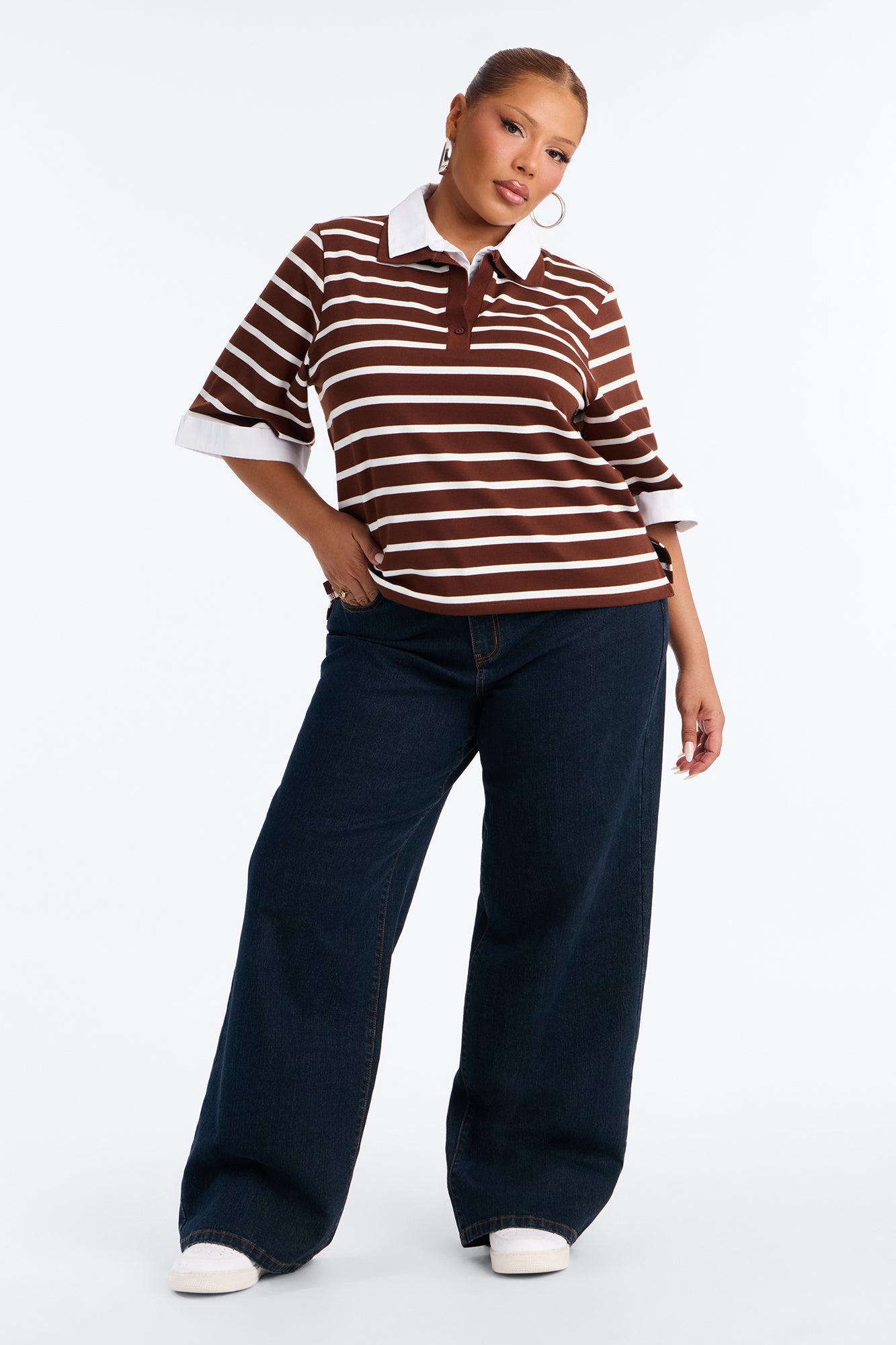 She's Cool Striped Short Sleeve Layered Polo Top - Brown/combo
