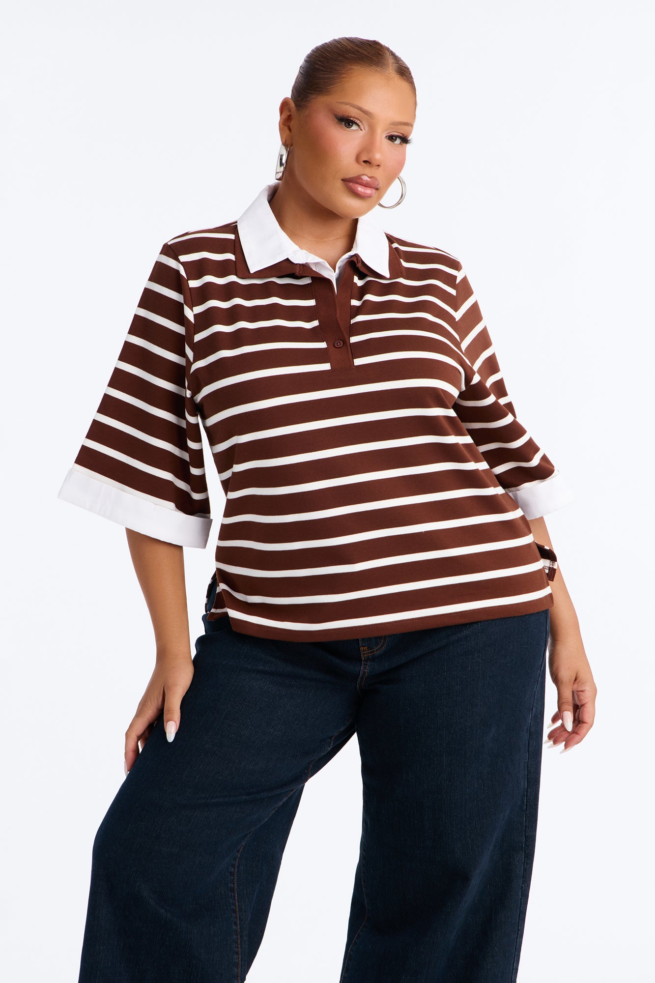 She's Cool Striped Short Sleeve Layered Polo Top - Brown/combo