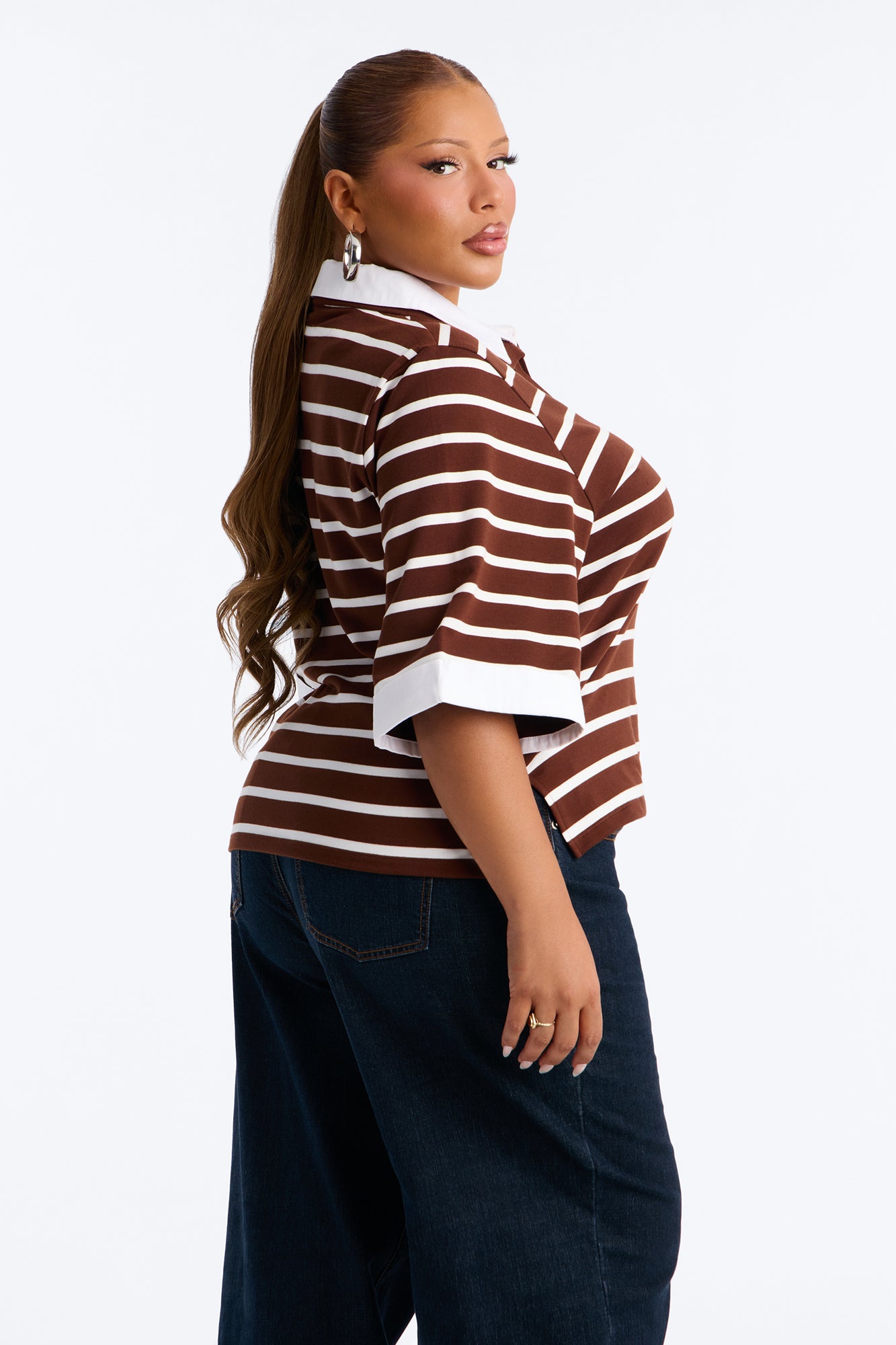 She's Cool Striped Short Sleeve Layered Polo Top - Brown/combo