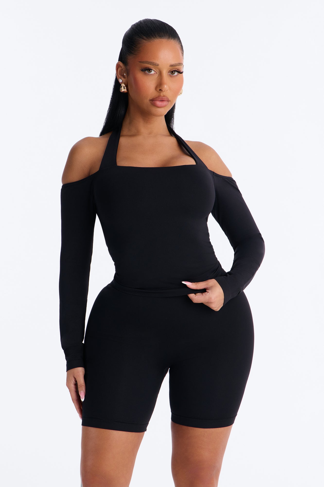 Seamless Smooth Off Shoulder Long Sleeve Halter Top - Black