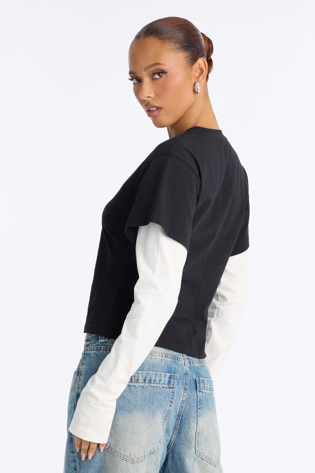 100% Premium Cotton Crew Neck Long Sleeve Layered Tee - Black/White