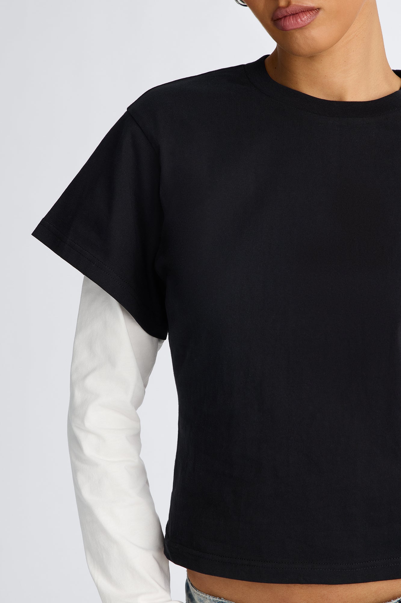 100% Premium Cotton Crew Neck Long Sleeve Layered Tee - Black/White