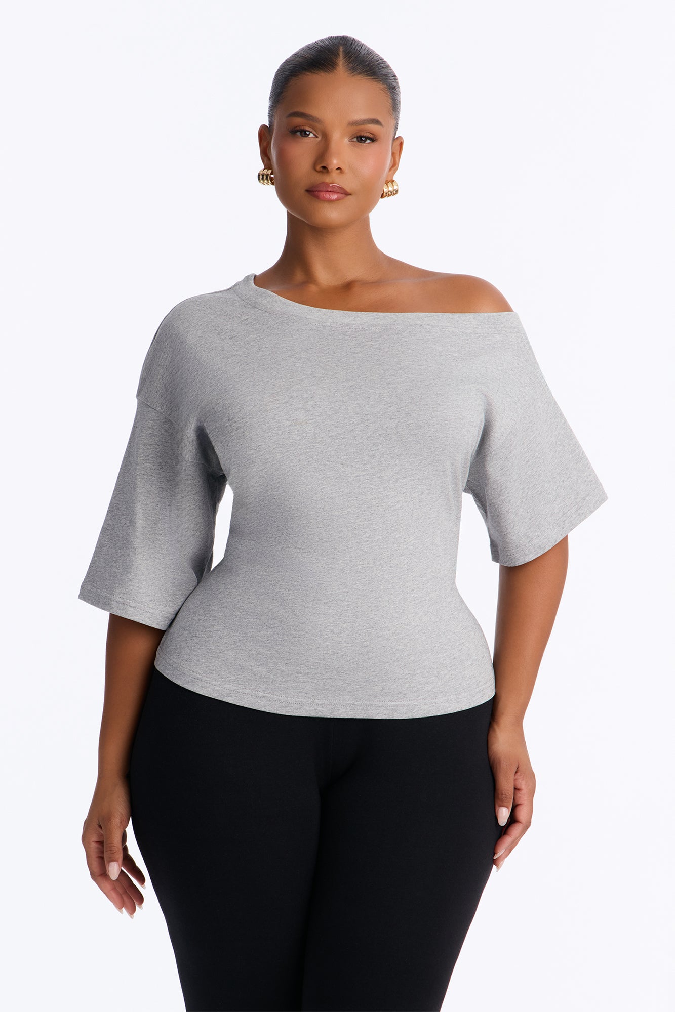 100% Premium Cotton Off Shoulder Short Sleeve Tee - Heather Grey