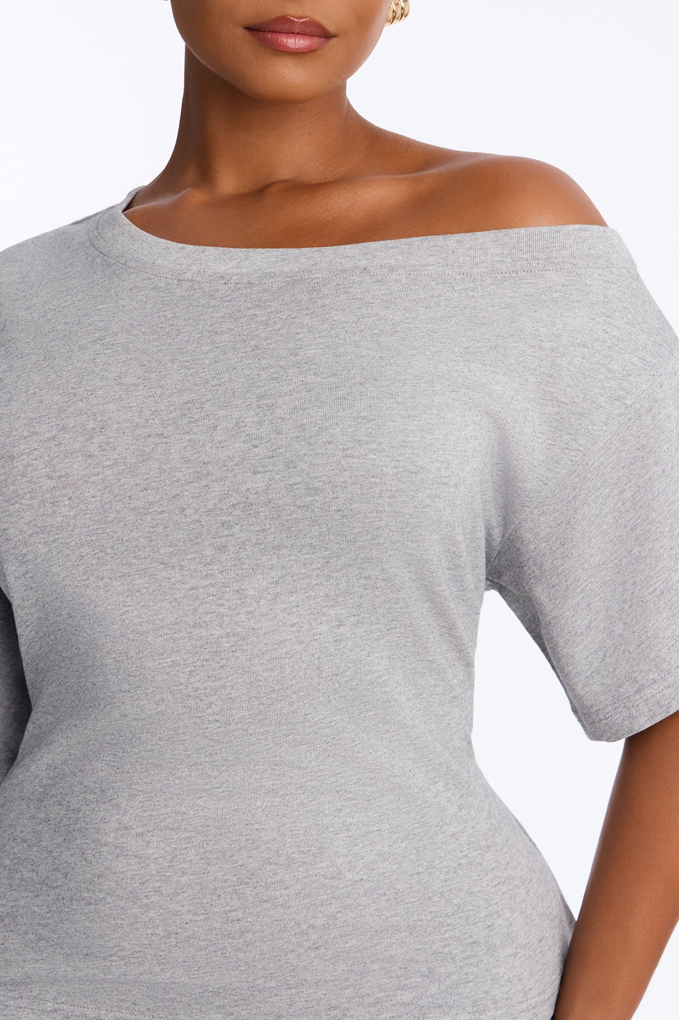 100% Premium Cotton Off Shoulder Short Sleeve Tee - Heather Grey