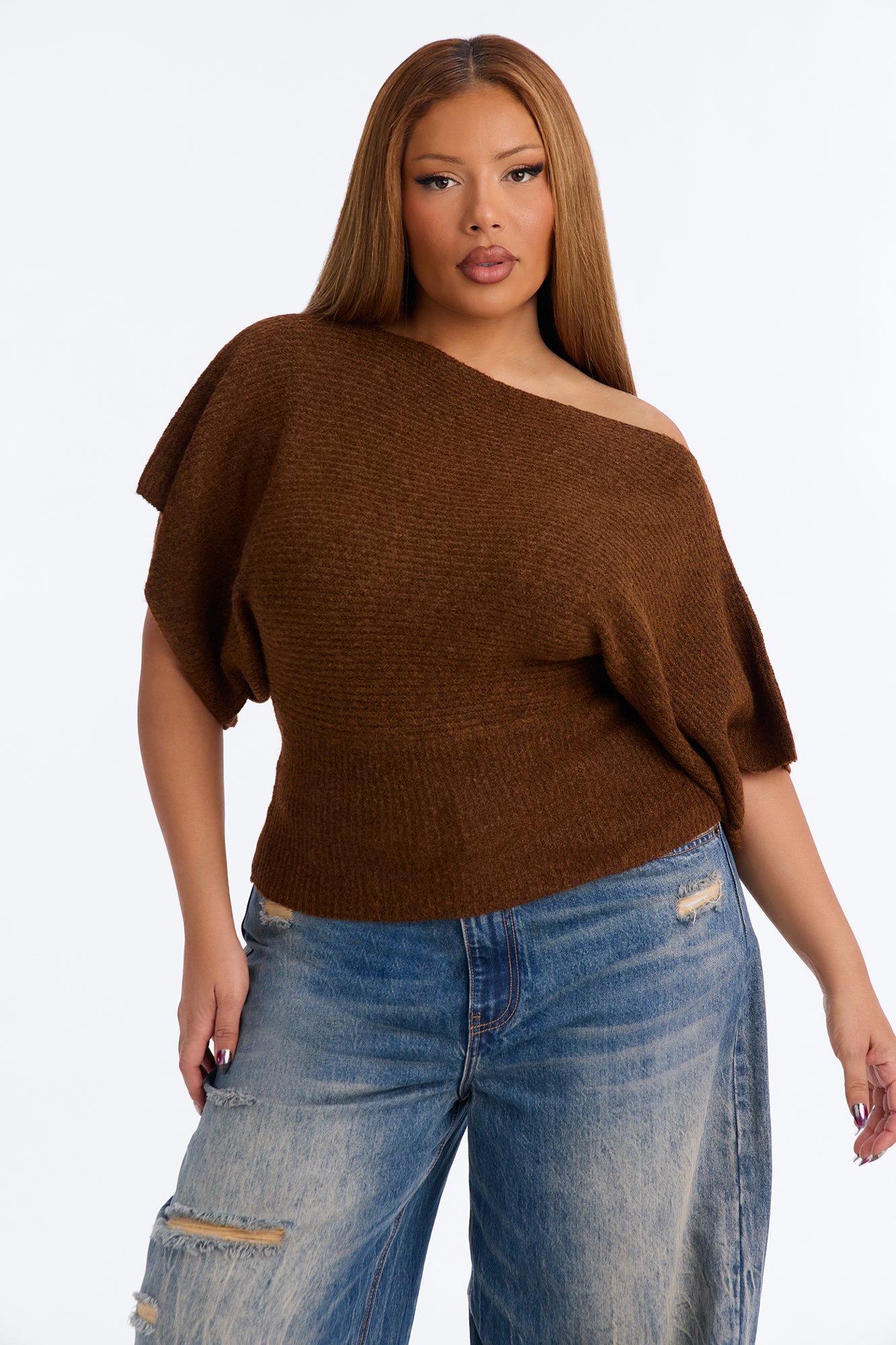 Carol One Shoulder Sweater Top - Brown