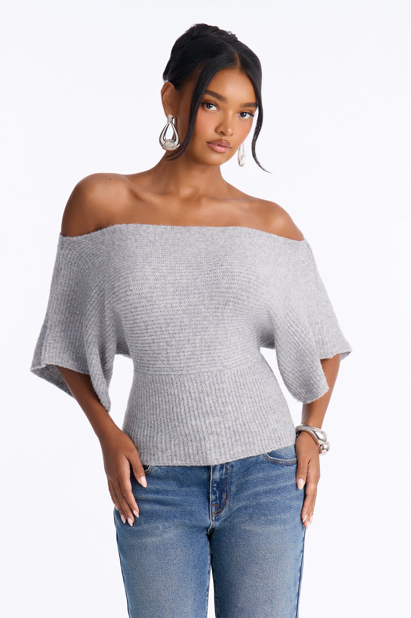 Carol One Shoulder Sweater Top - Heather Grey