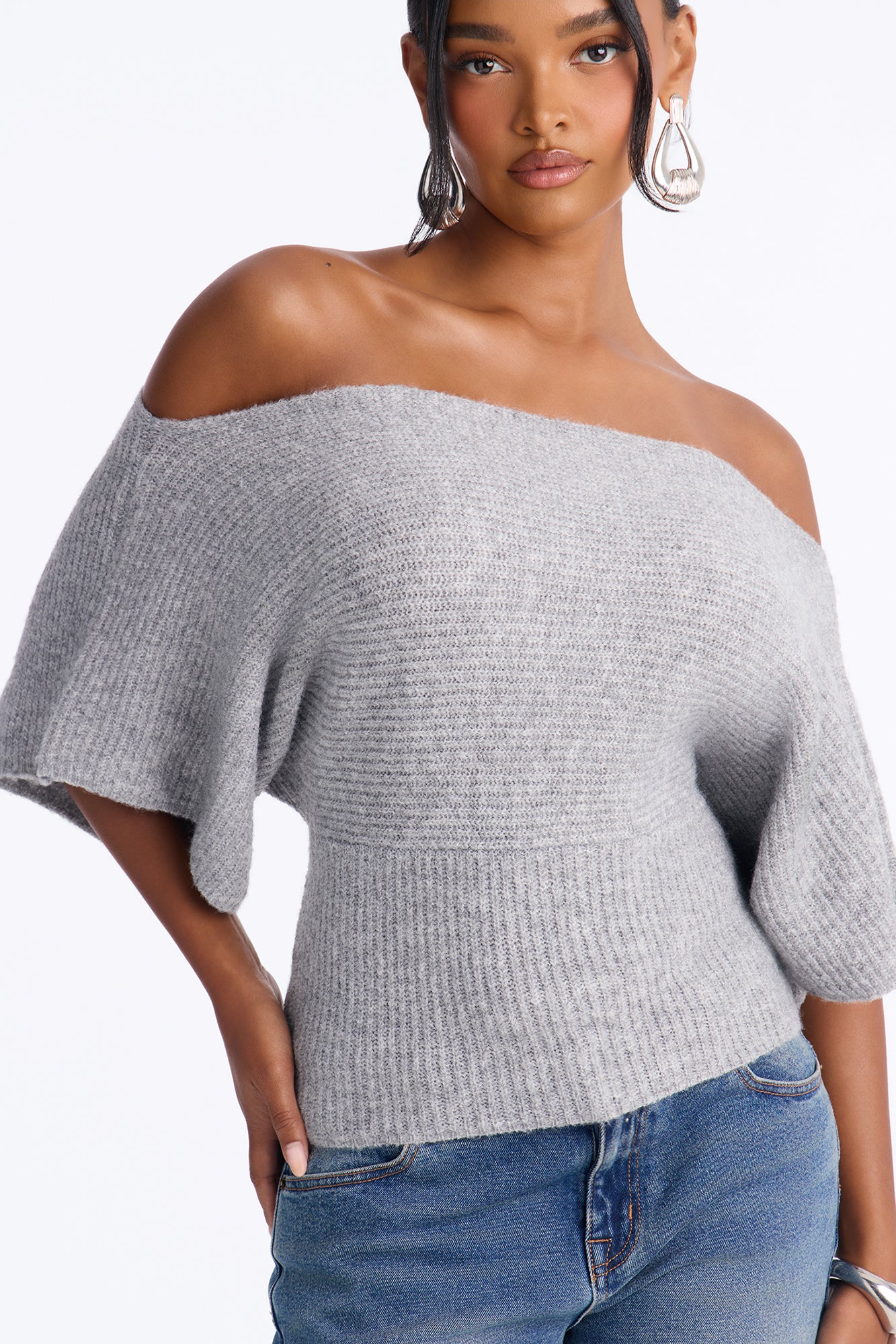 Carol One Shoulder Sweater Top - Heather Grey