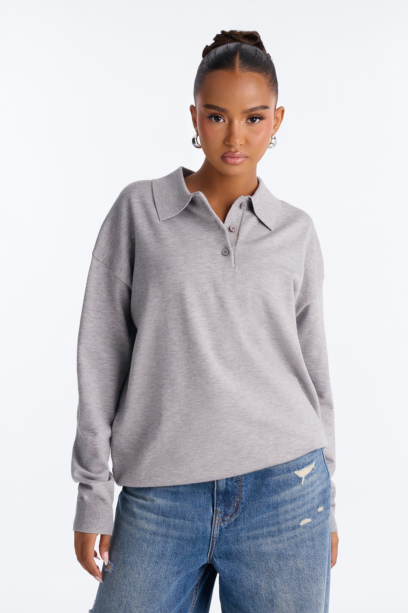 Frankie Relaxed Polo Sweater - Heather Grey
