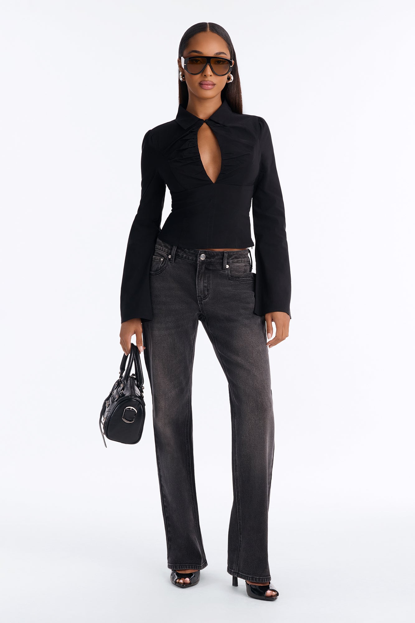 Mindy Long Sleeve Keyhole Blouse - Black