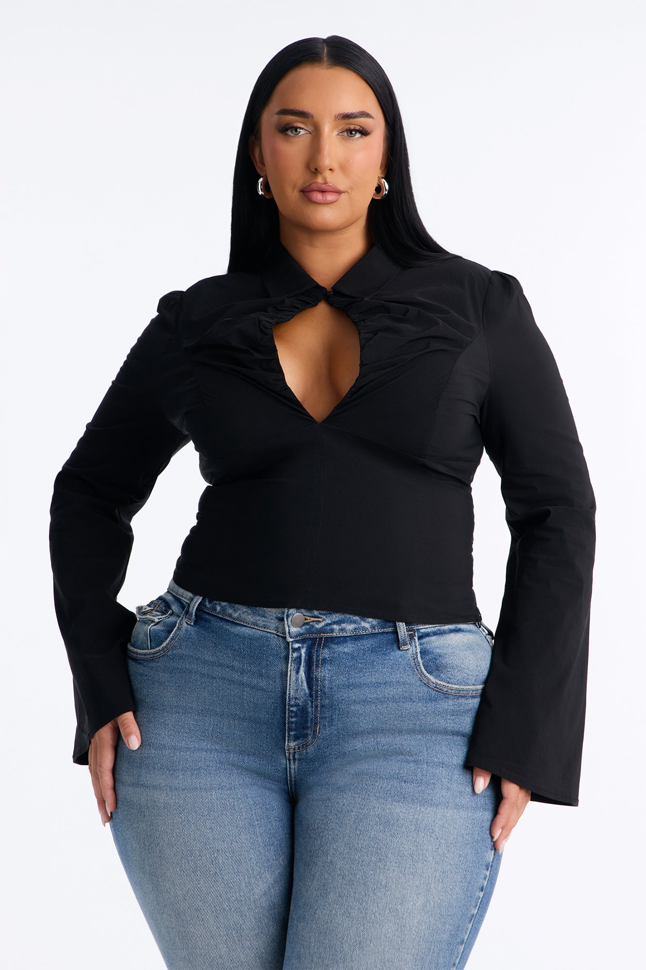 Mindy Long Sleeve Keyhole Blouse - Black