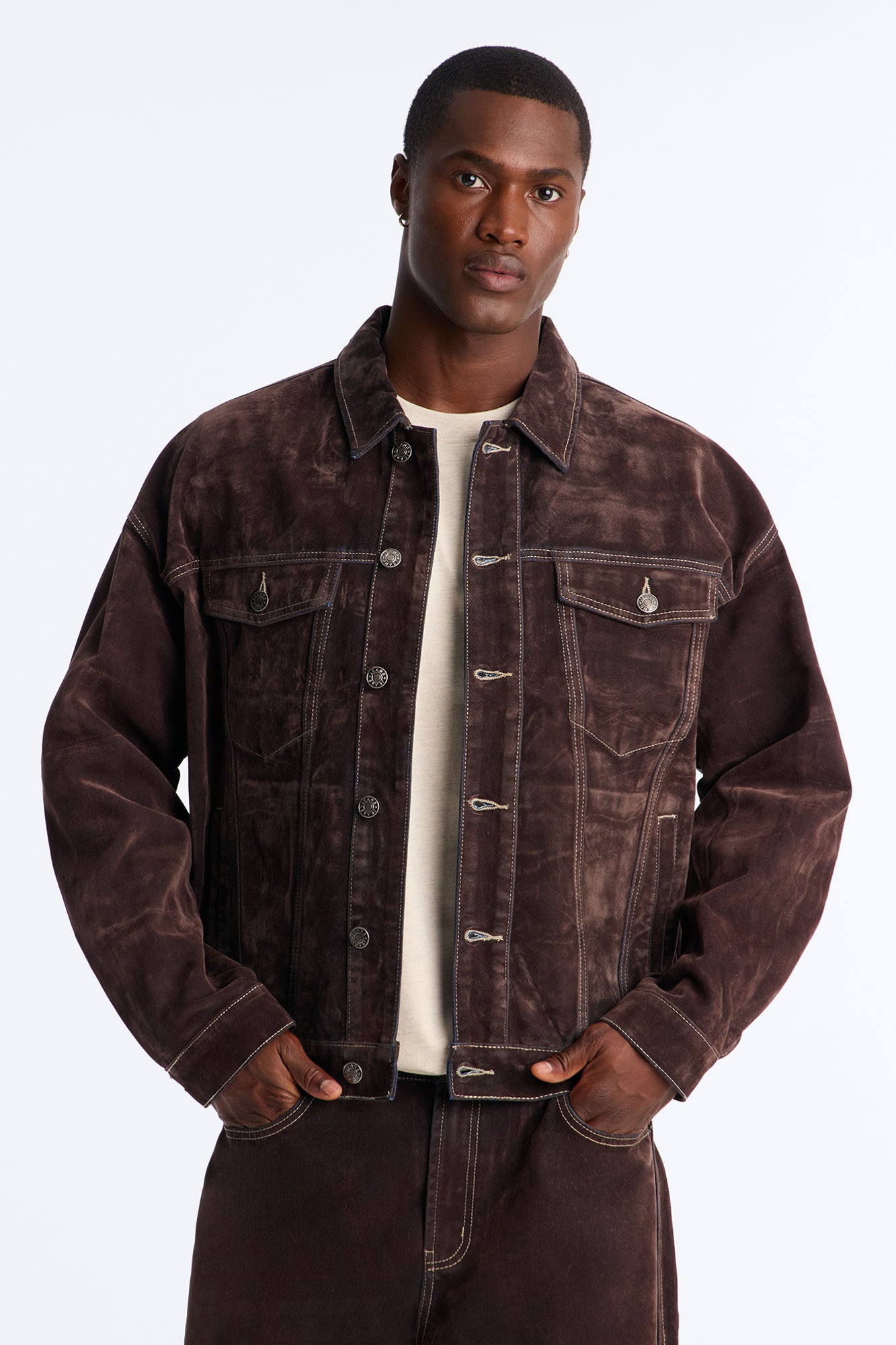 Oversized Studio Flocked Denim Trucker Jacket - Dark Brown