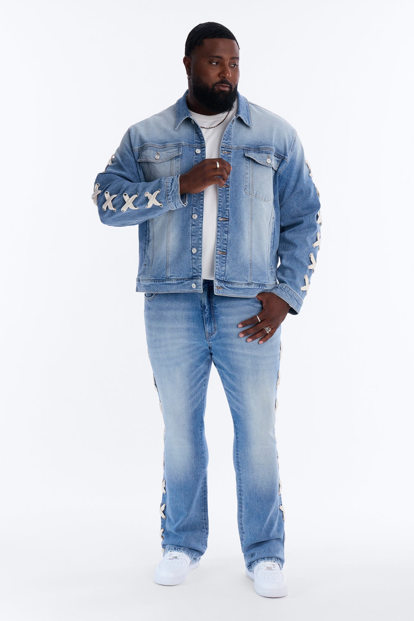 Lace Up Denim Trucker Jacket - Light Blue Wash