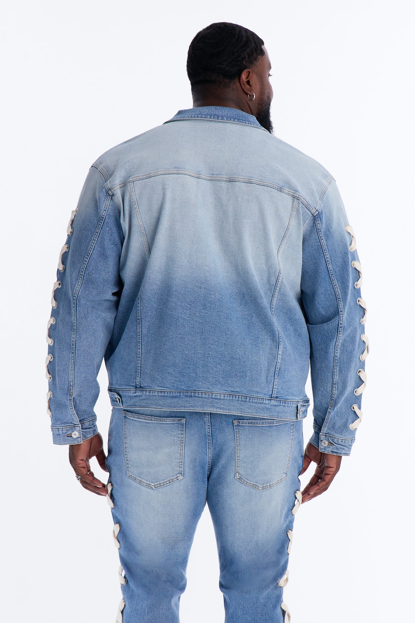 Lace Up Denim Trucker Jacket - Light Blue Wash