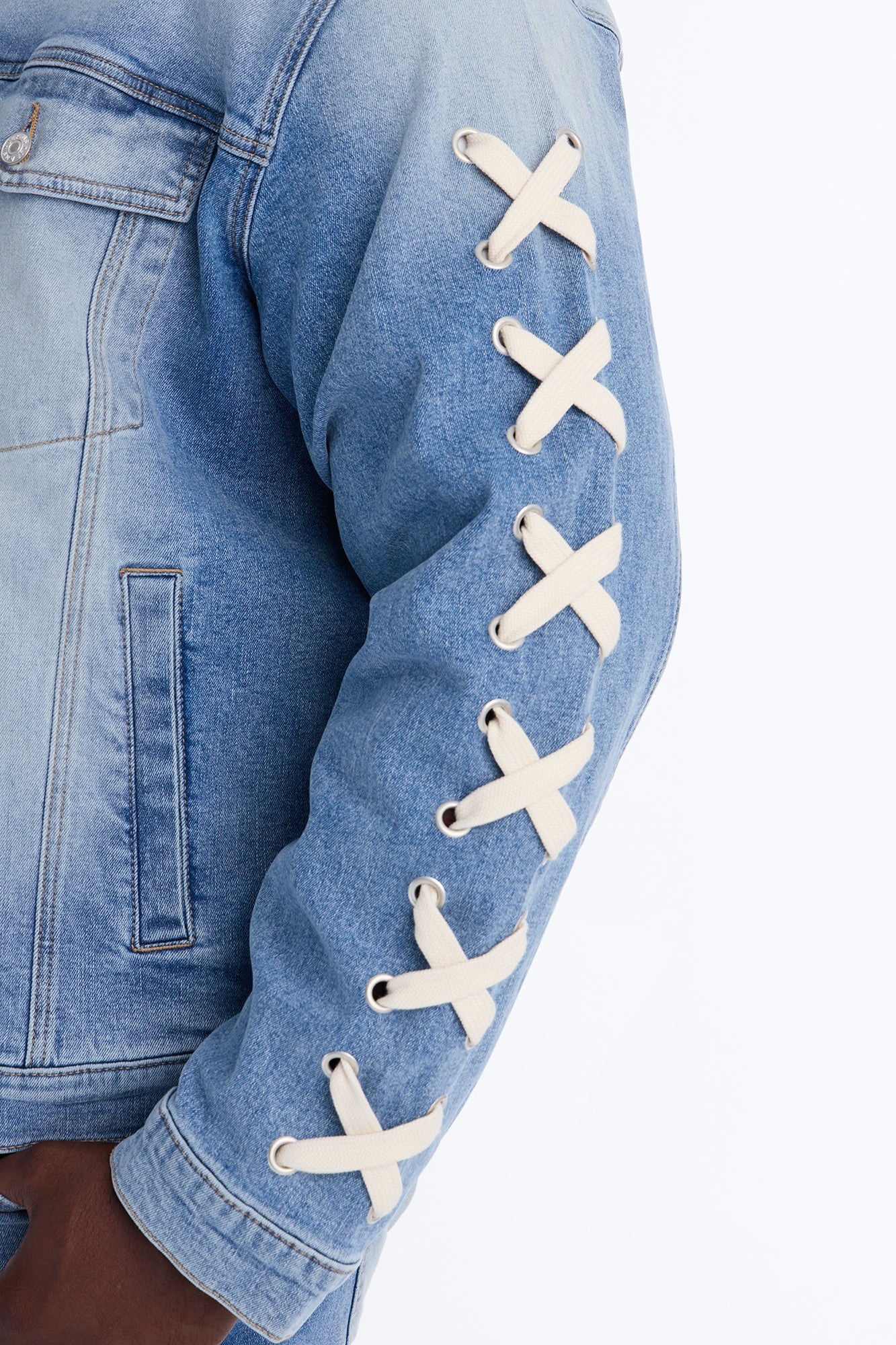Lace Up Denim Trucker Jacket - Light Blue Wash