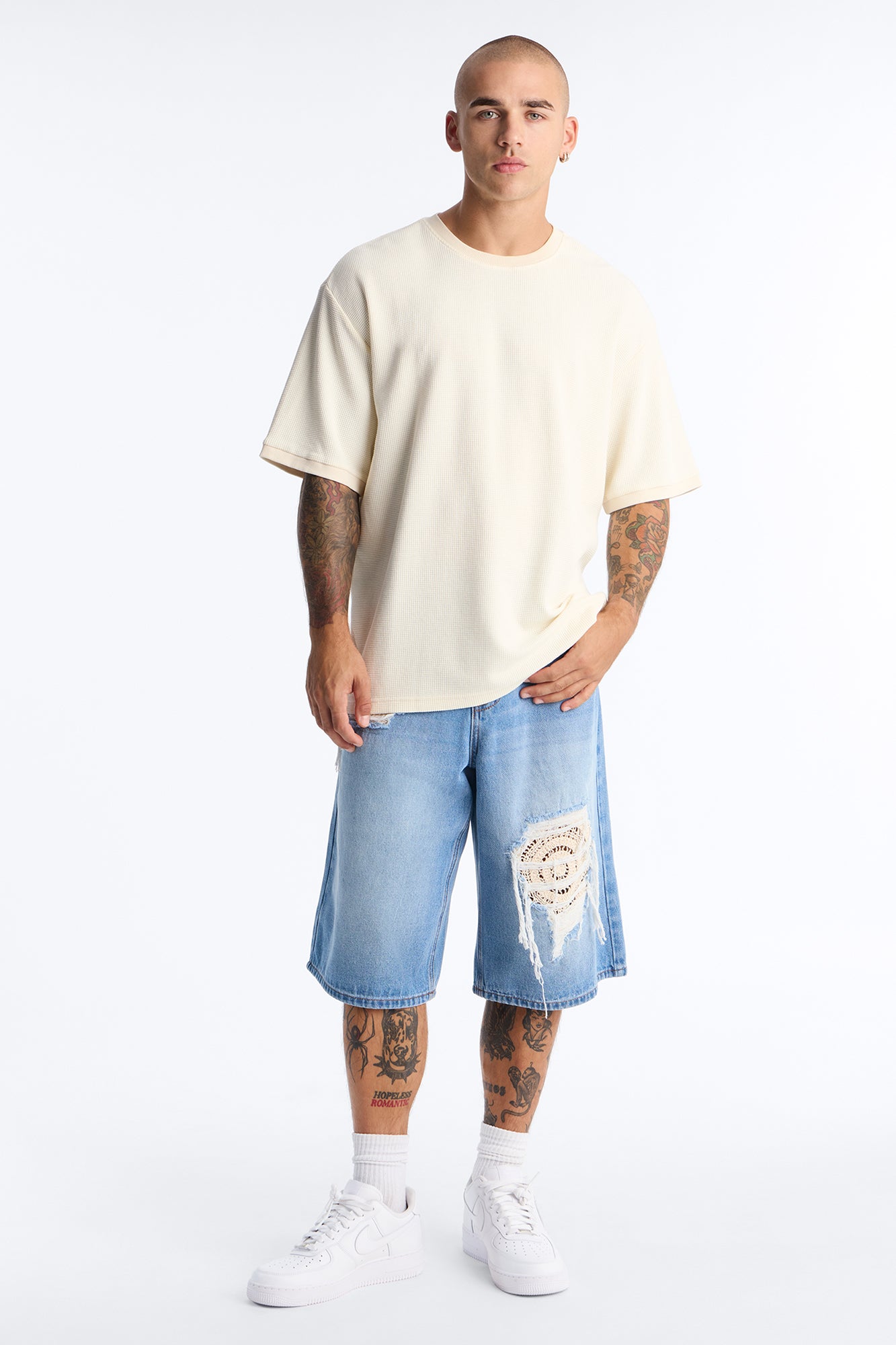 Crochet Cut Baggy Short - Light Blue Wash