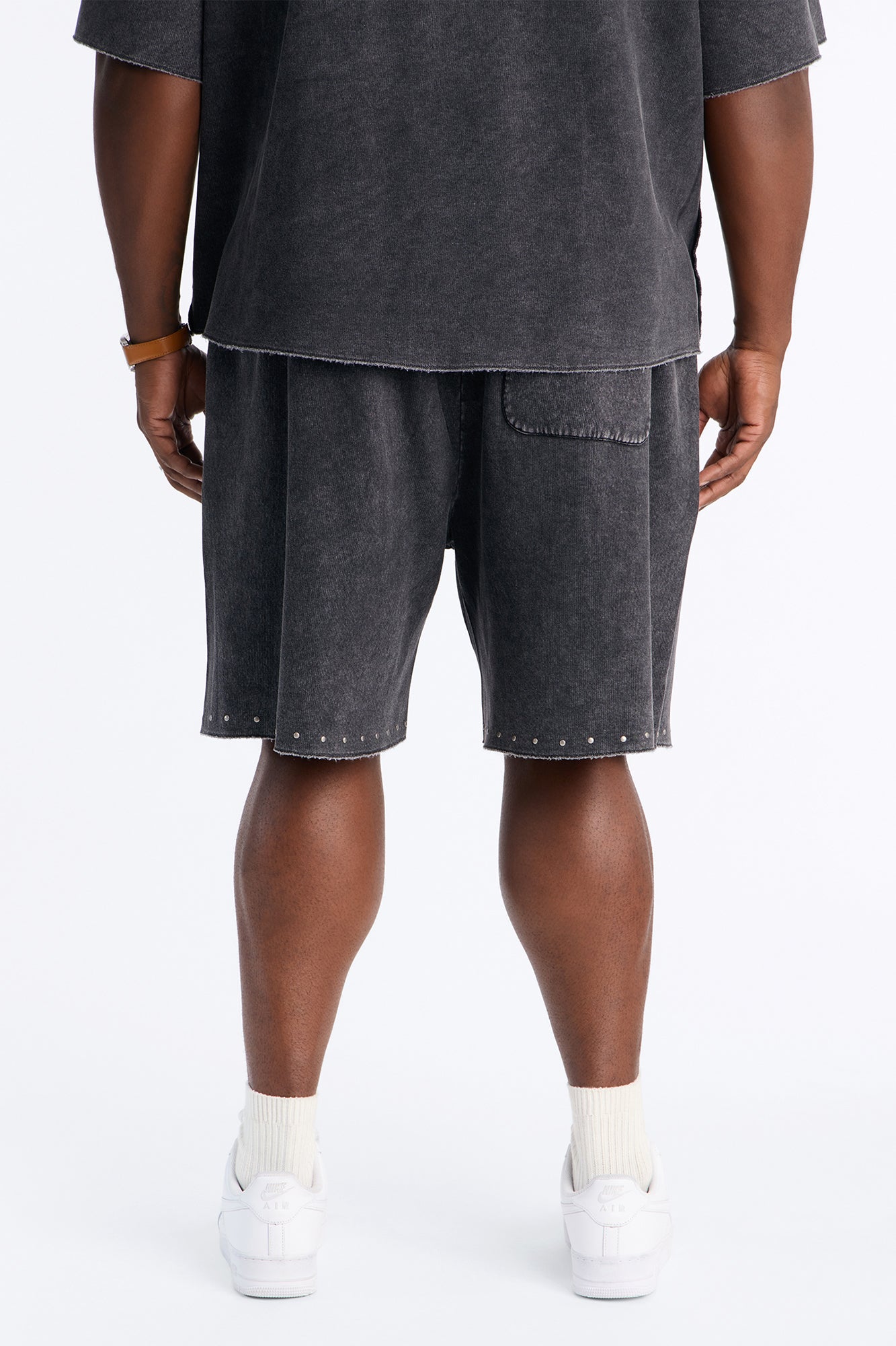 Relaxed Washed Raw Edge Studded Sweatshort - Black