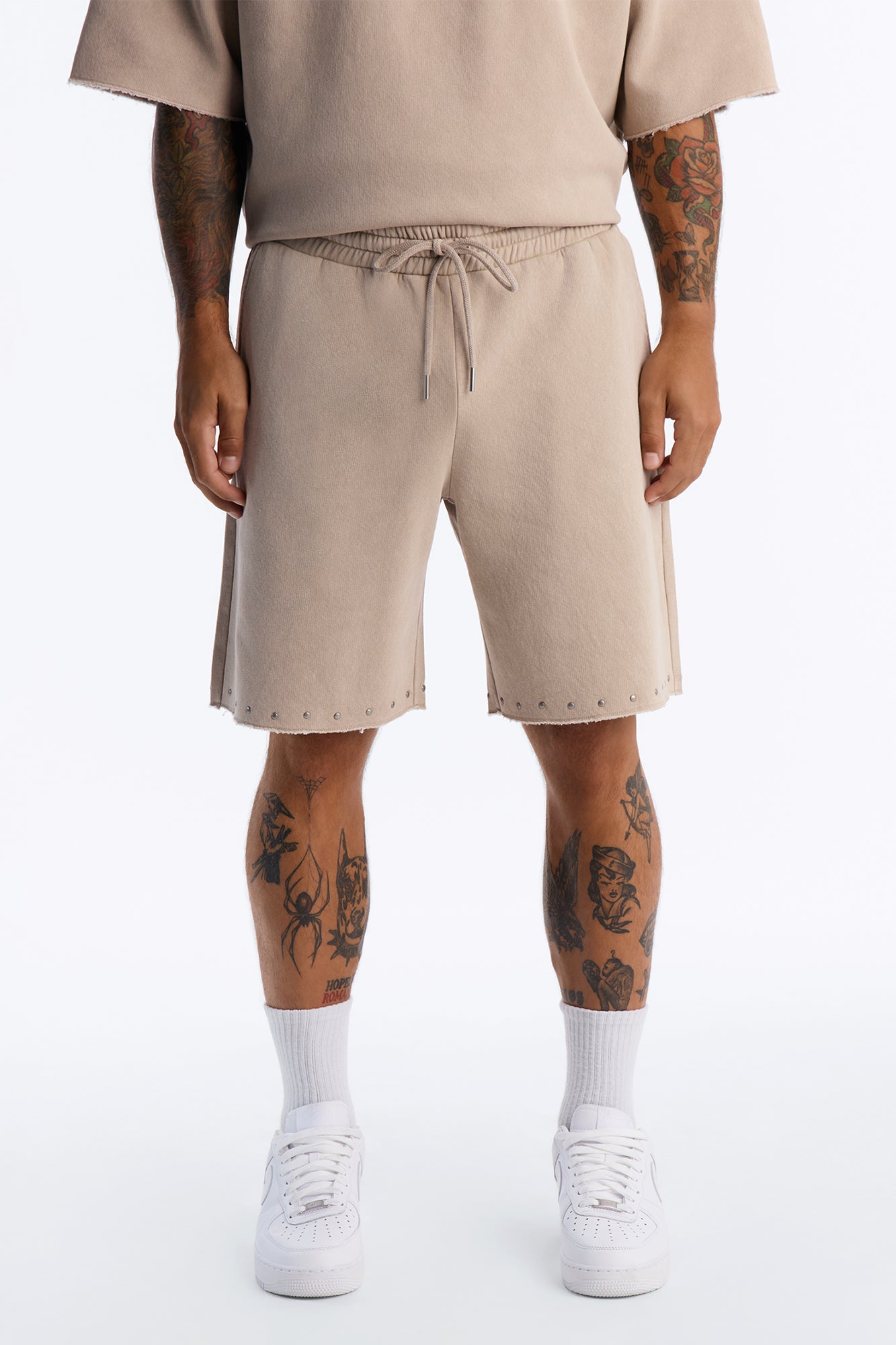Relaxed Washed Raw Edge Studded Sweatshort - Stone