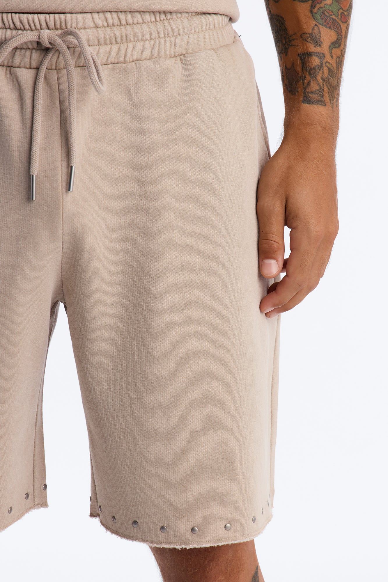 Relaxed Washed Raw Edge Studded Sweatshort - Stone