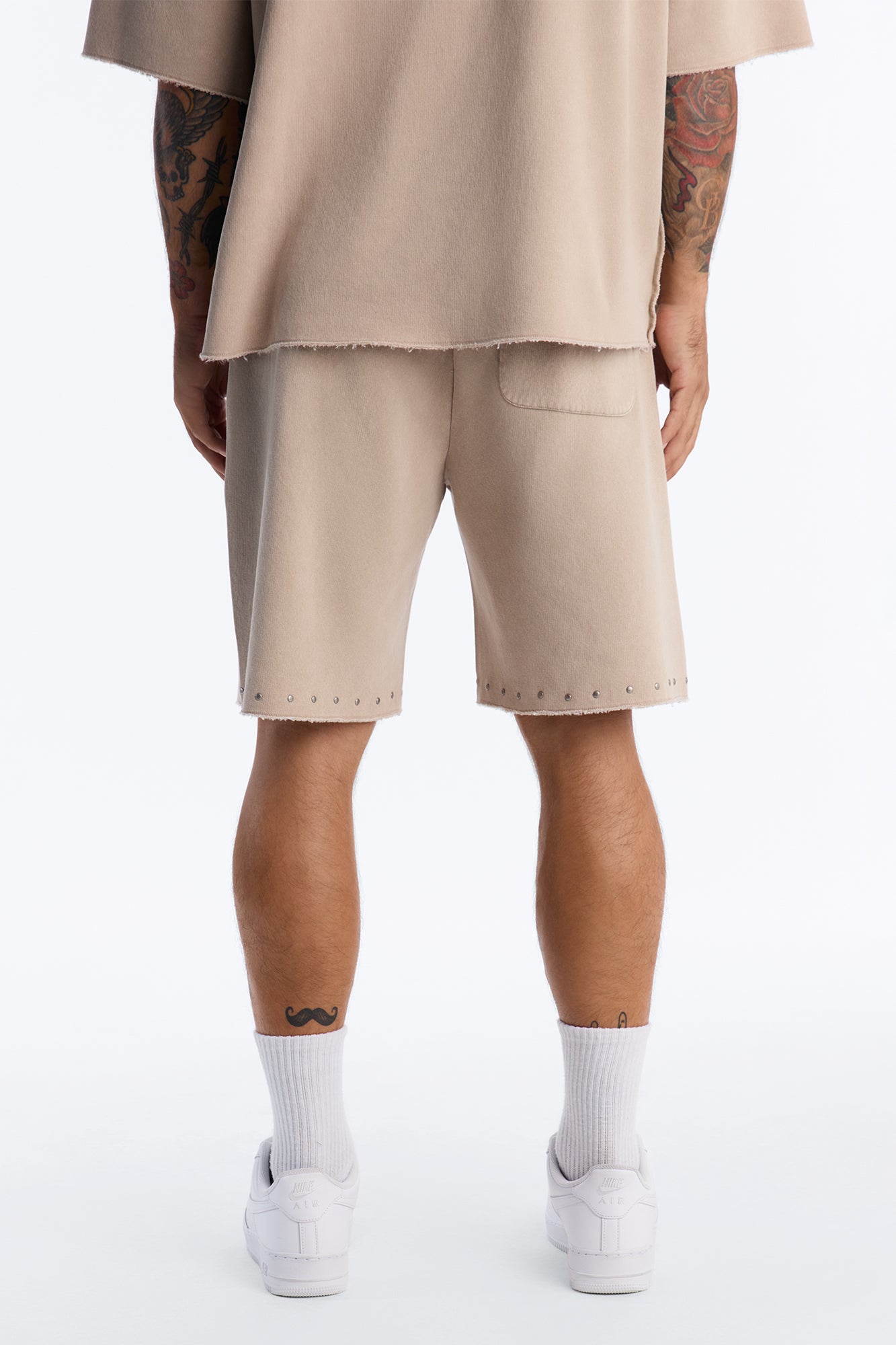 Relaxed Washed Raw Edge Studded Sweatshort - Stone