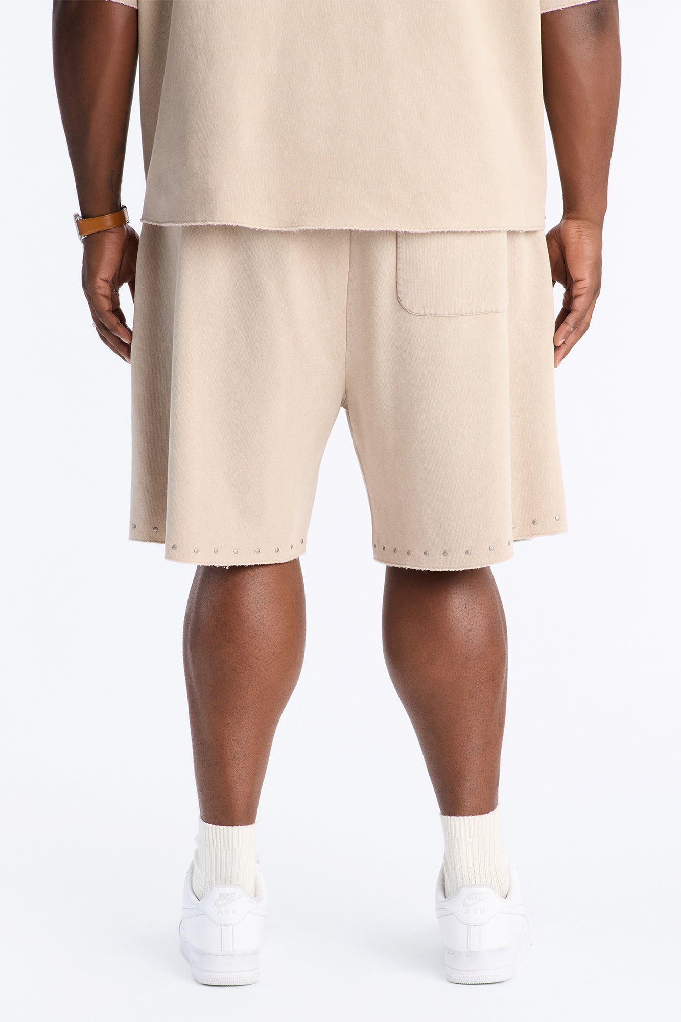 Relaxed Washed Raw Edge Studded Sweatshort - Stone